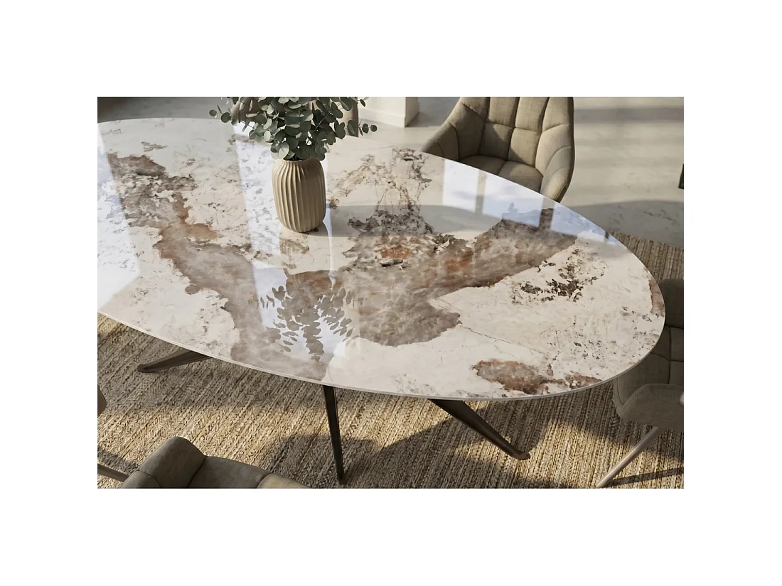 Mesa de comedor AVELIS ovalada 220 cm en cerámica efecto mármol blanco y metal bronce