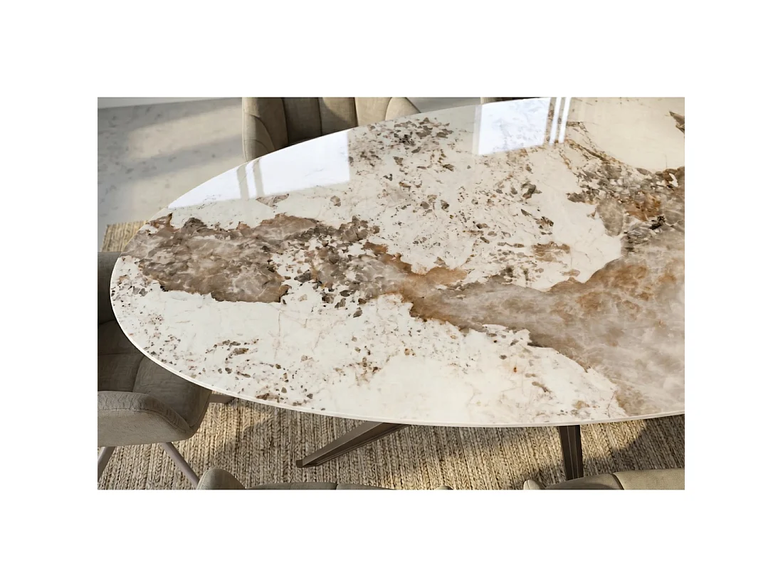 Ovale eettafel AVELIS 220 cm in wit marmer effect keramiek en brons metaal