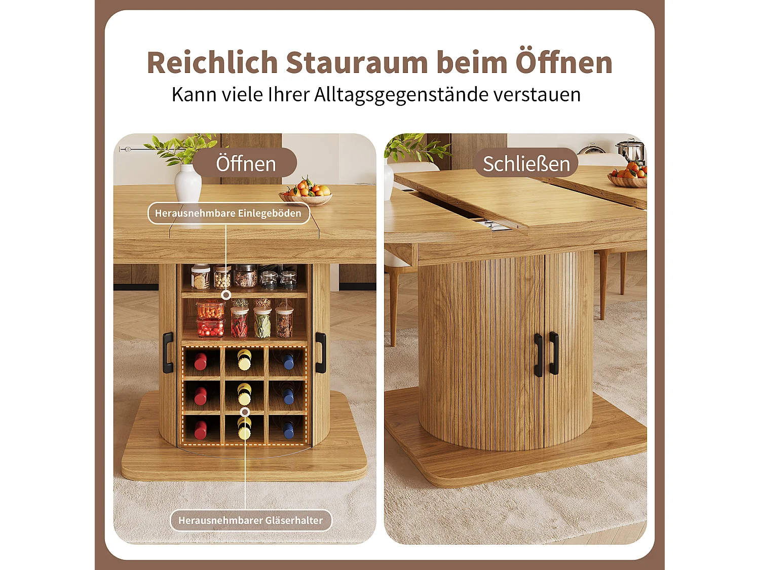 Ausziehbarer Esstisch 118–158 cm - mit Stauraum - mit abnehmbaren Regalen - Natur