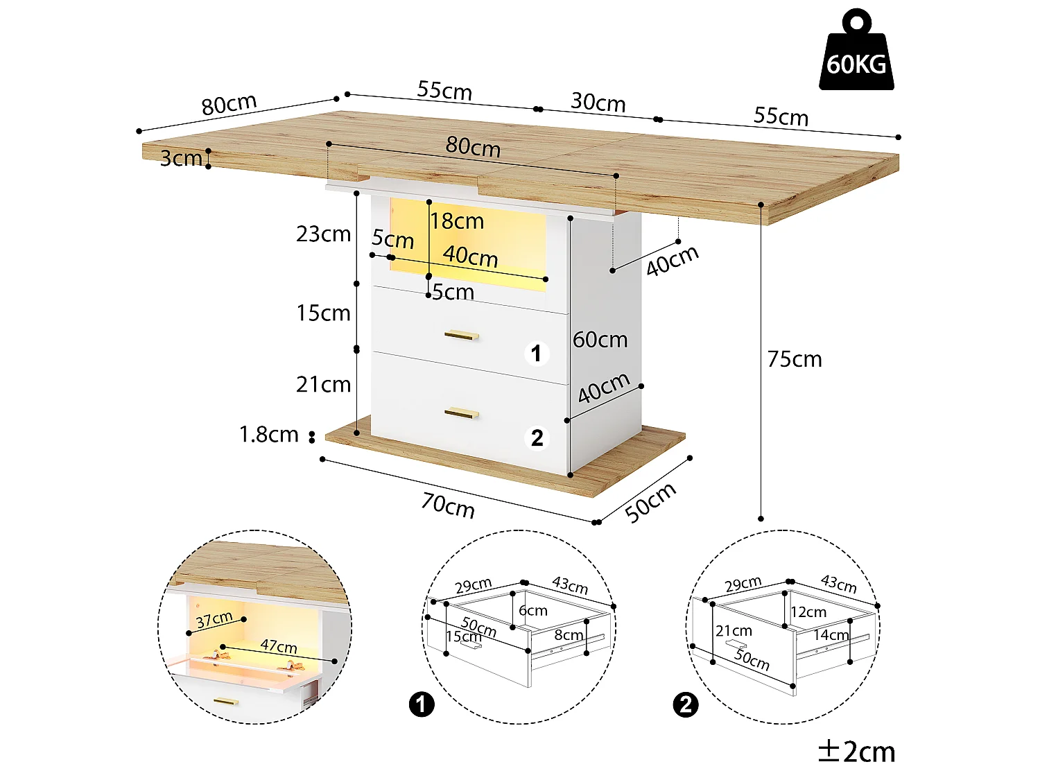 Utdragbart matbord 110-140 cm - med LED - med lådor och glasdörr - Vit och ljust trä