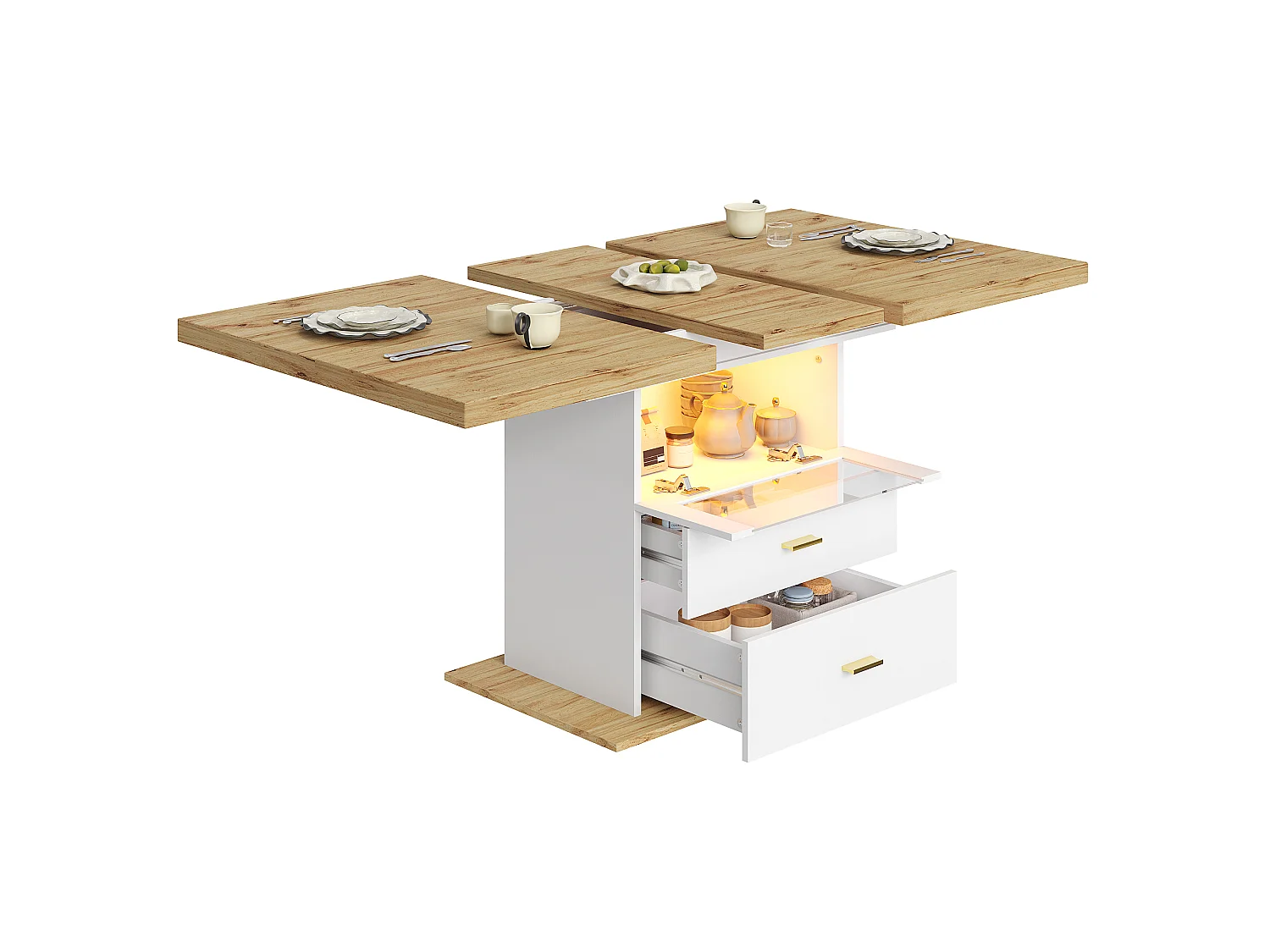Utdragbart matbord 110-140 cm - med LED - med lådor och glasdörr - Vit och ljust trä