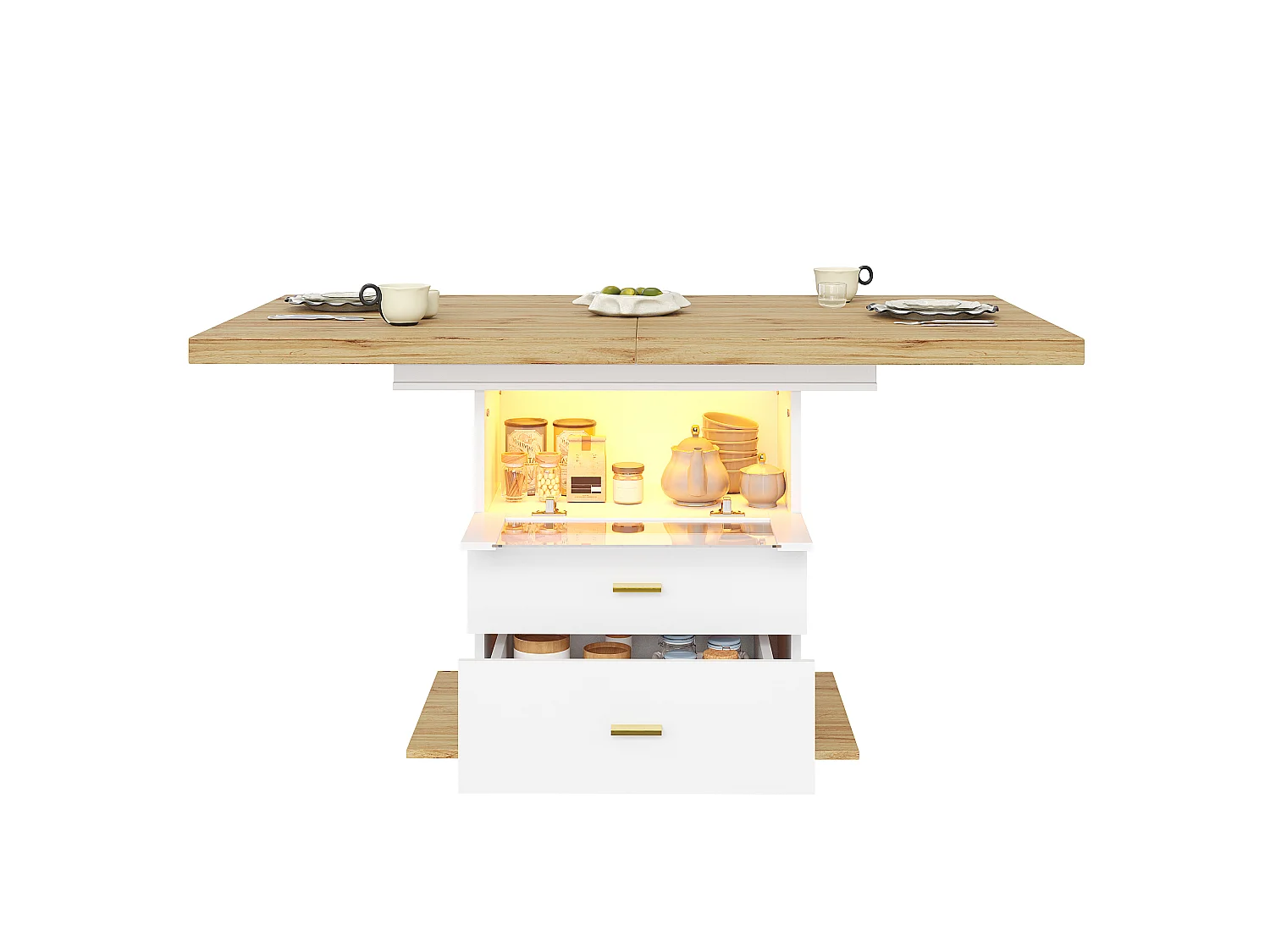 Utdragbart matbord 110-140 cm - med LED - med lådor och glasdörr - Vit och ljust trä