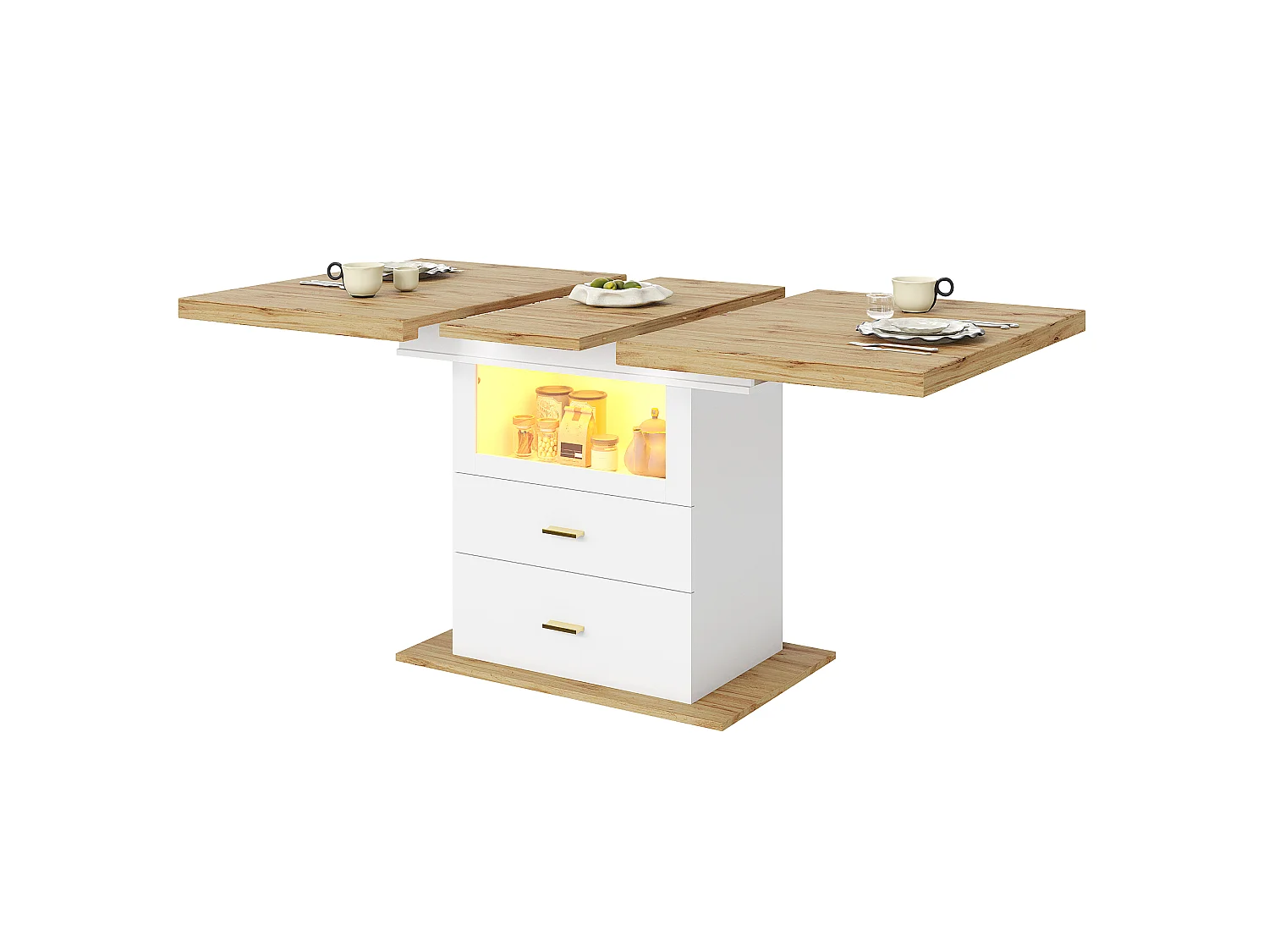 Utdragbart matbord 110-140 cm - med LED - med lådor och glasdörr - Vit och ljust trä