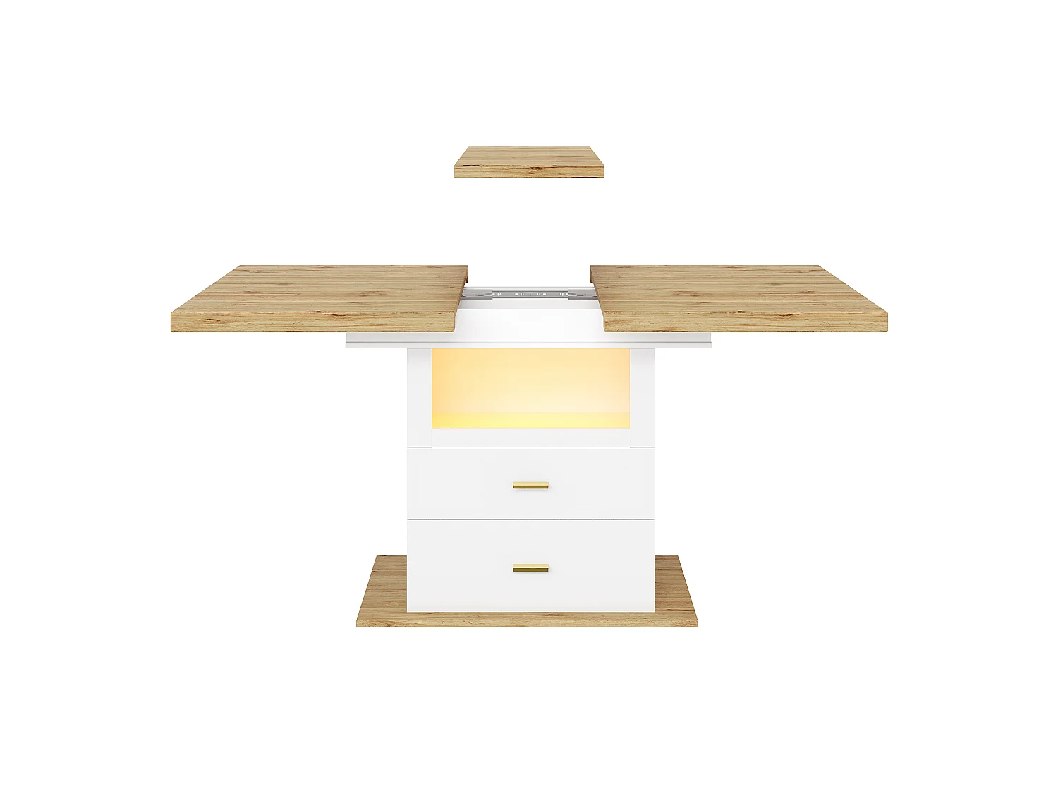Utdragbart matbord 110-140 cm - med LED - med lådor och glasdörr - Vit och ljust trä