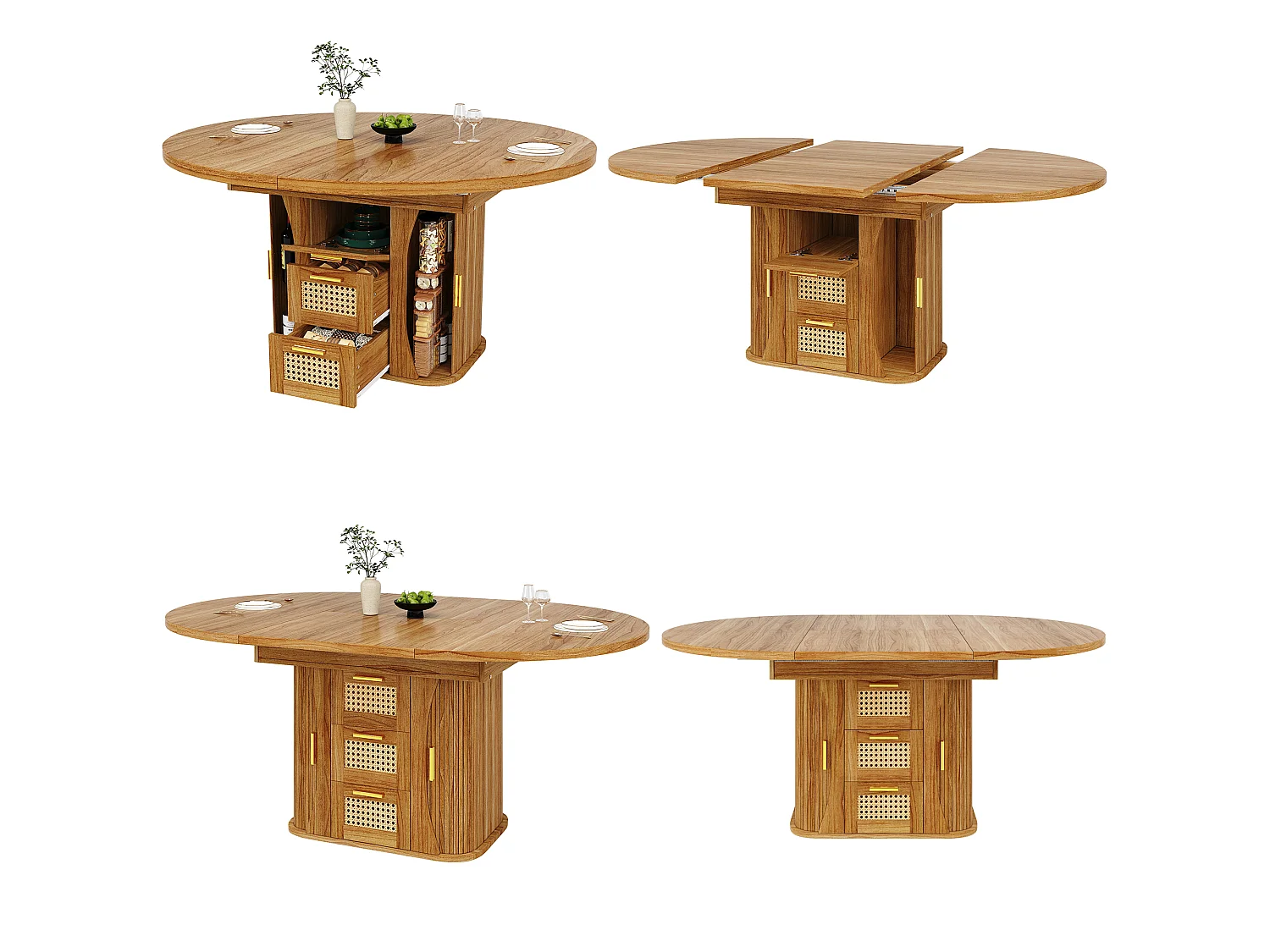 Runder ausziehbarer Esstisch oval 118-158 cm - mit Rattan-Aufbewahrungsschubladen - mit Stauraum - Braun
