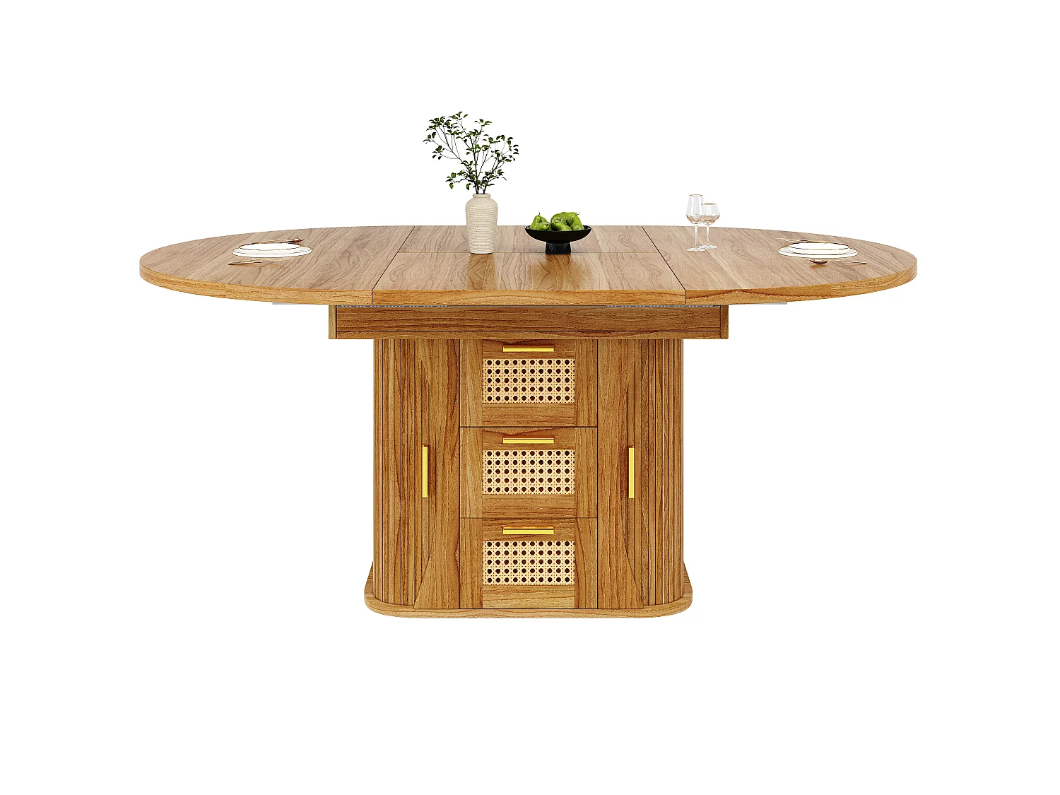 Runder ausziehbarer Esstisch oval 118-158 cm - mit Rattan-Aufbewahrungsschubladen - mit Stauraum - Braun