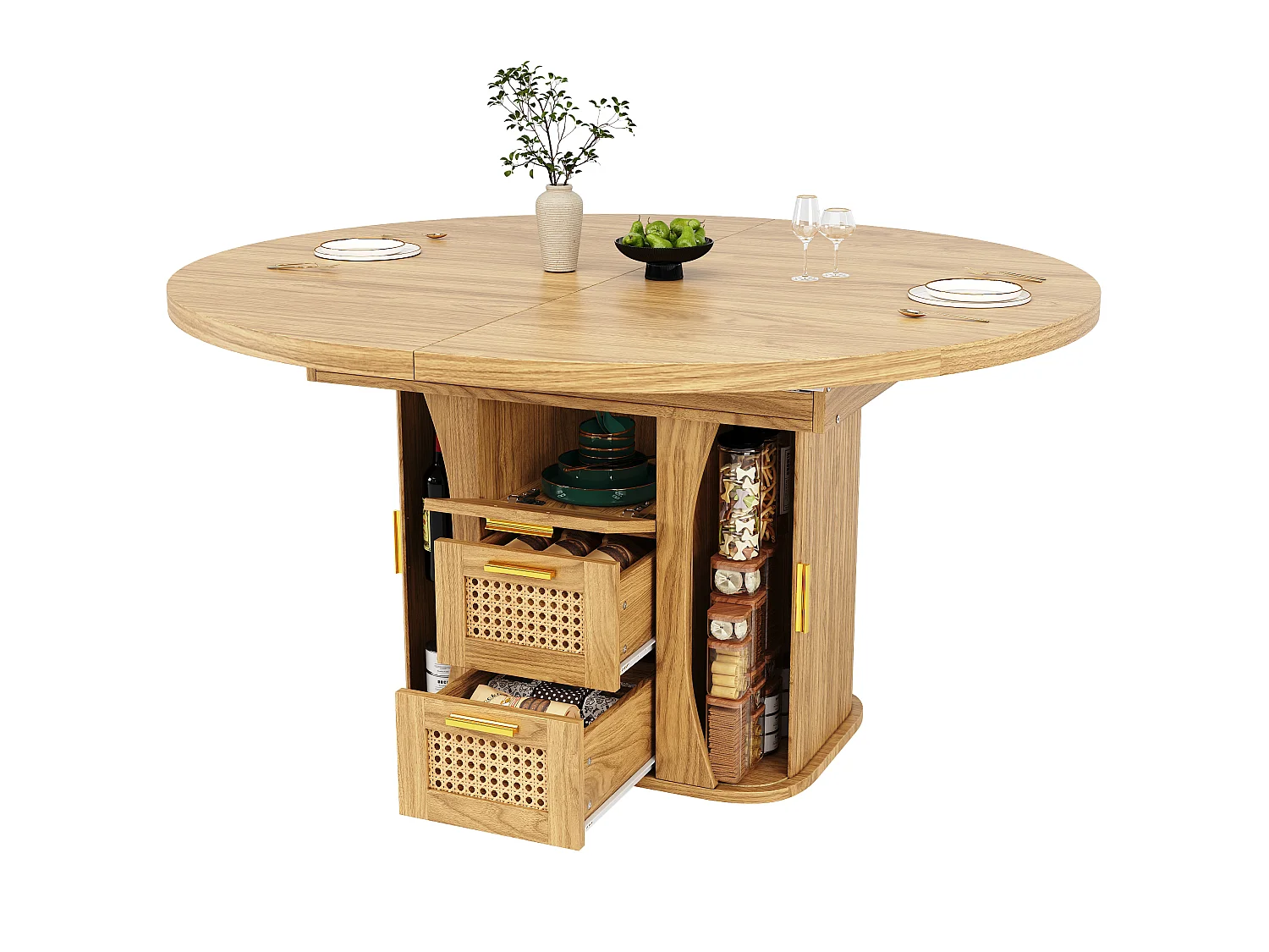 Runder ausziehbarer Esstisch oval 118-158 cm - mit Rattan-Aufbewahrungsschubladen - mit Stauraum - Natur