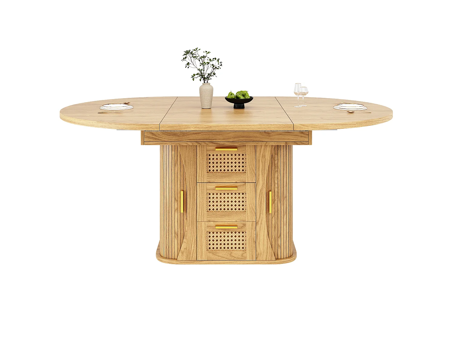 Runder ausziehbarer Esstisch oval 118-158 cm - mit Rattan-Aufbewahrungsschubladen - mit Stauraum - Natur