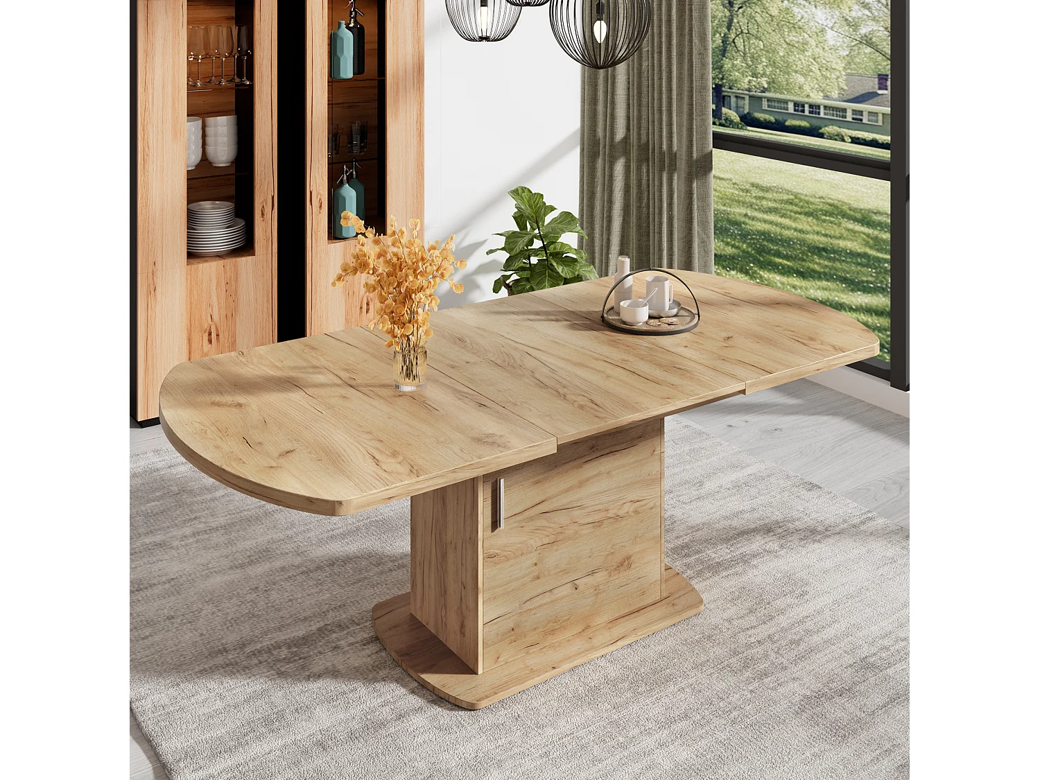 Ausziehbarer ovaler Esstisch - 140/200x80x75 cm - mit Stauraum - Spanplatten - Natur