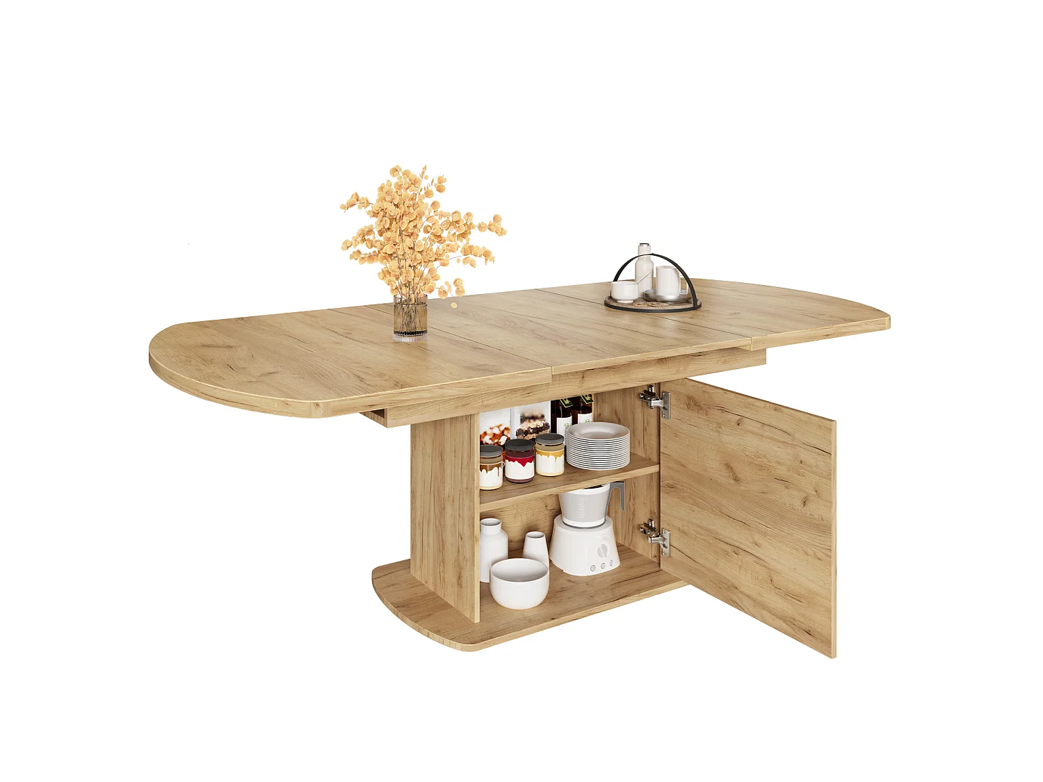 Ausziehbarer ovaler Esstisch - 140/200x80x75 cm - mit Stauraum - Spanplatten - Natur
