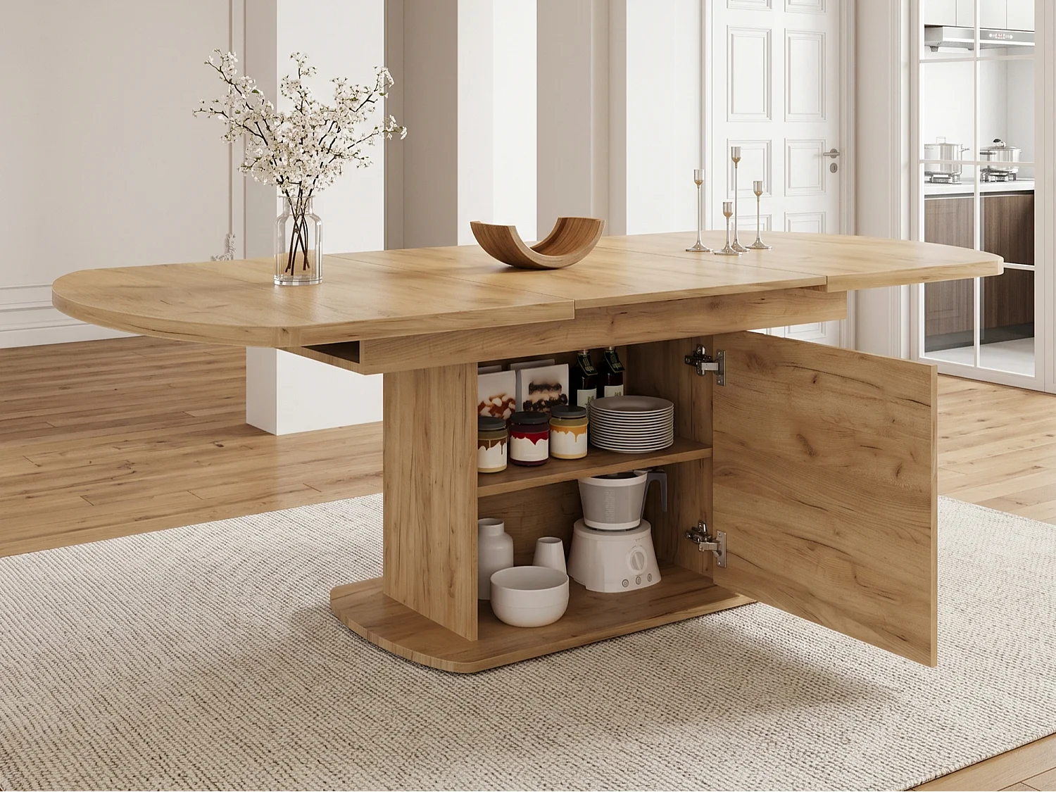 Ausziehbarer ovaler Esstisch - 140/200x80x75 cm - mit Stauraum - Spanplatten - Natur
