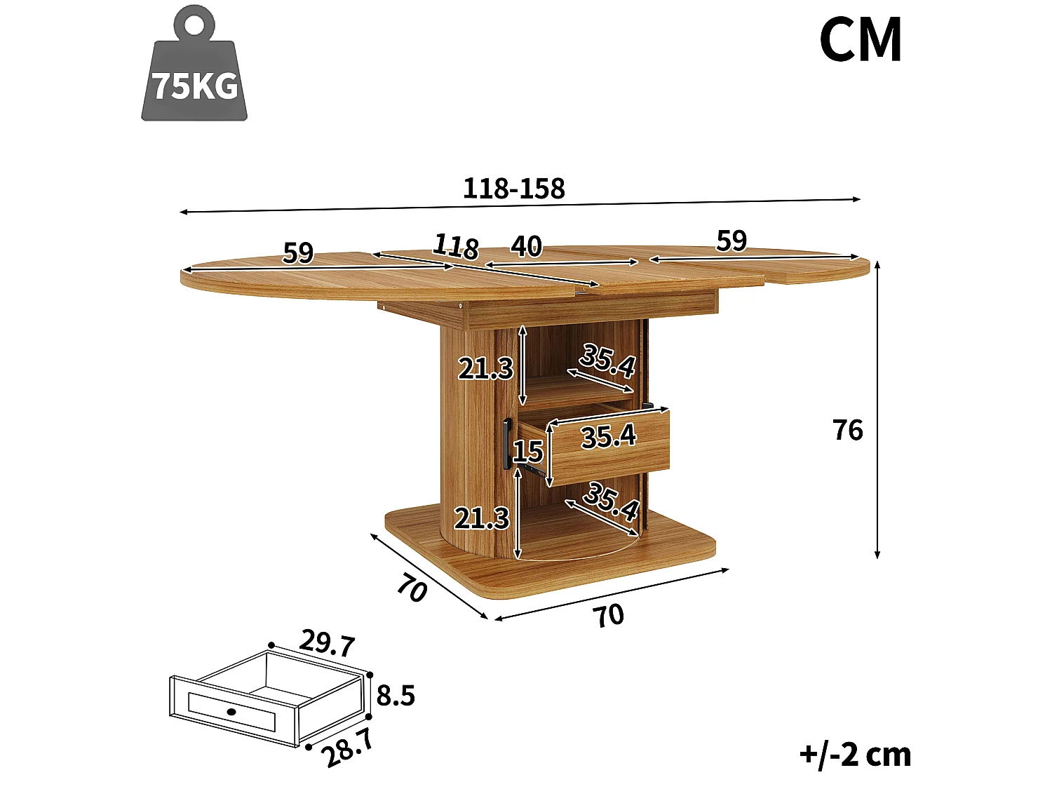 Table à manger extensible 118-158 x 118 cm pour 6 places avec tiroir - Marron foncé