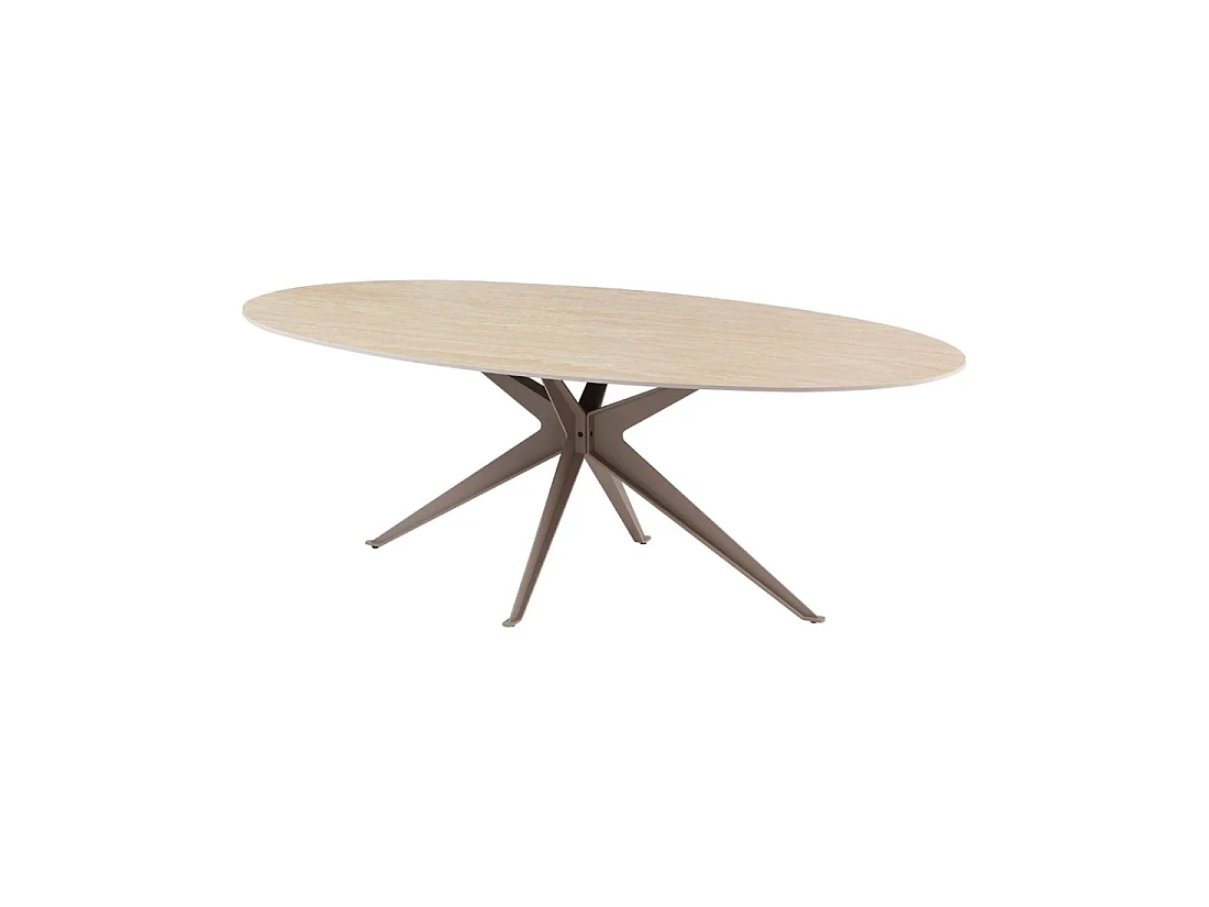 Mesa de comedor AVELIS ovalada 220 cm en cerámica beige y metal marrón estilo contemporáneo