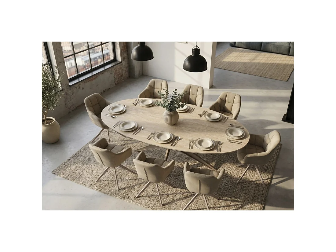 Mesa de comedor AVELIS ovalada 220 cm en cerámica beige y metal marrón estilo contemporáneo