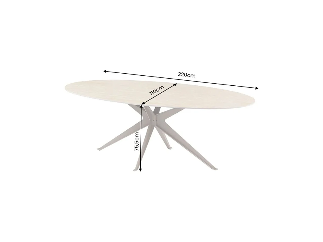 Mesa de comedor AVELIS ovalada 220 cm en cerámica beige y metal marrón estilo contemporáneo