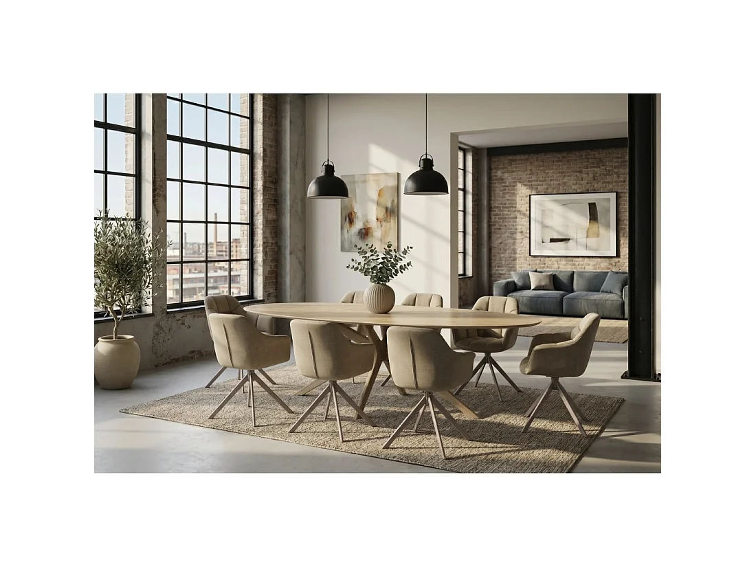 Mesa de comedor AVELIS ovalada 220 cm en cerámica beige y metal marrón estilo contemporáneo