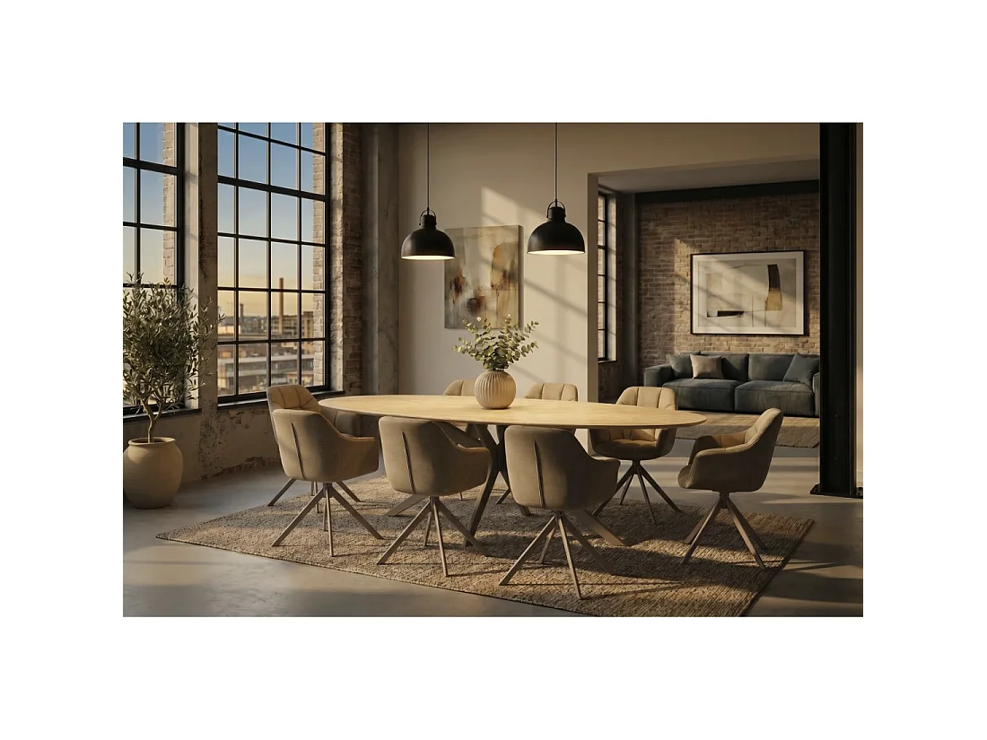 Mesa de comedor AVELIS ovalada 220 cm en cerámica beige y metal marrón estilo contemporáneo