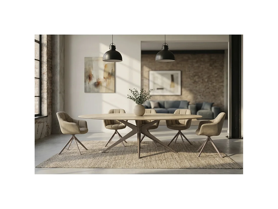 Mesa de comedor AVELIS ovalada 220 cm en cerámica beige y metal marrón estilo contemporáneo
