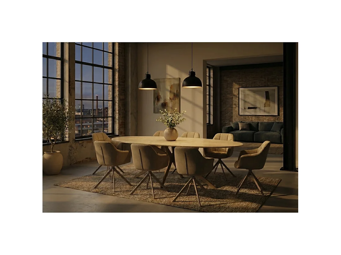 Mesa de comedor AVELIS ovalada 220 cm en cerámica beige y metal marrón estilo contemporáneo