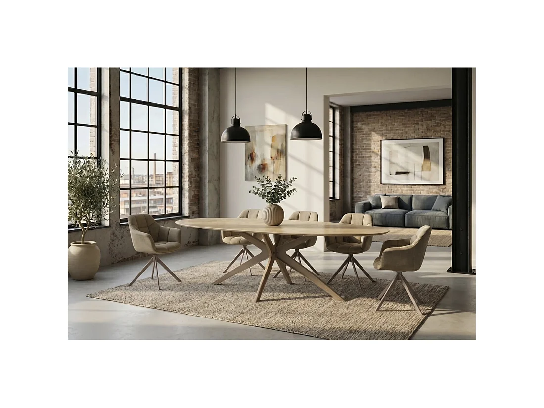 Mesa de comedor AVELIS ovalada 220 cm en cerámica beige y metal marrón estilo contemporáneo