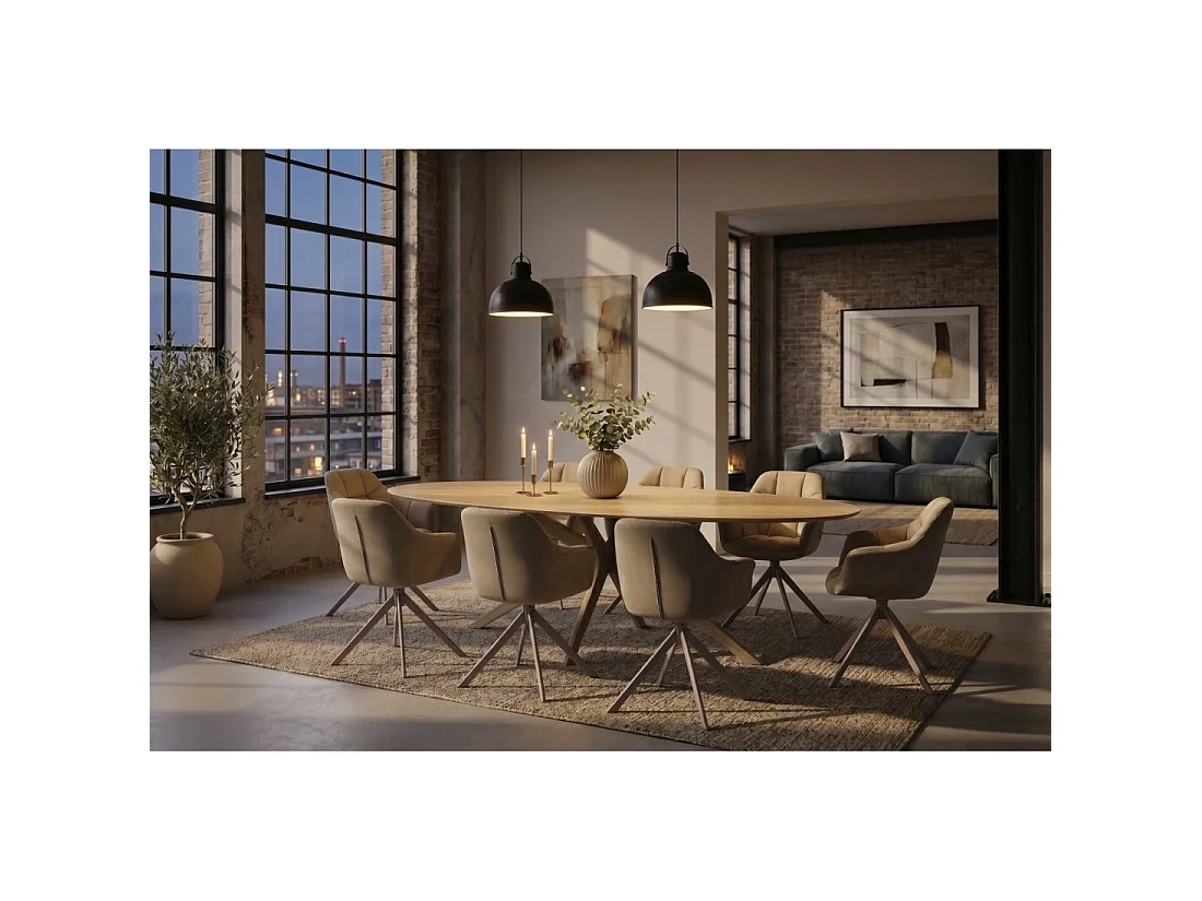 Mesa de comedor AVELIS ovalada 220 cm en cerámica beige y metal marrón estilo contemporáneo