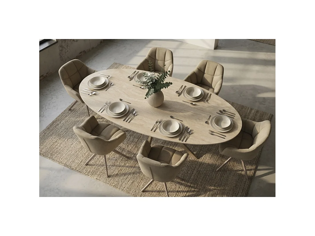 Eettafel AVELIS ovaal 220 cm in beige keramiek en bruin metaal hedendaagse stijl