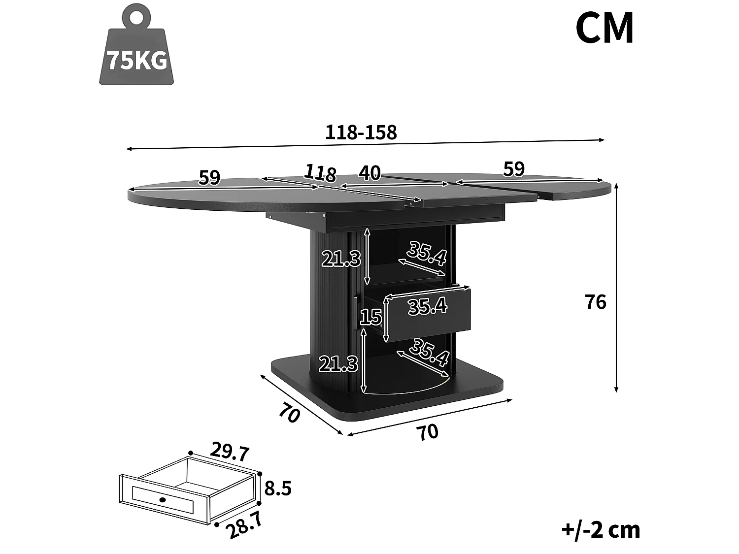 Uitschuifbare eettafel 118-158 x 118 cm voor 6 personen met lade - Zwart