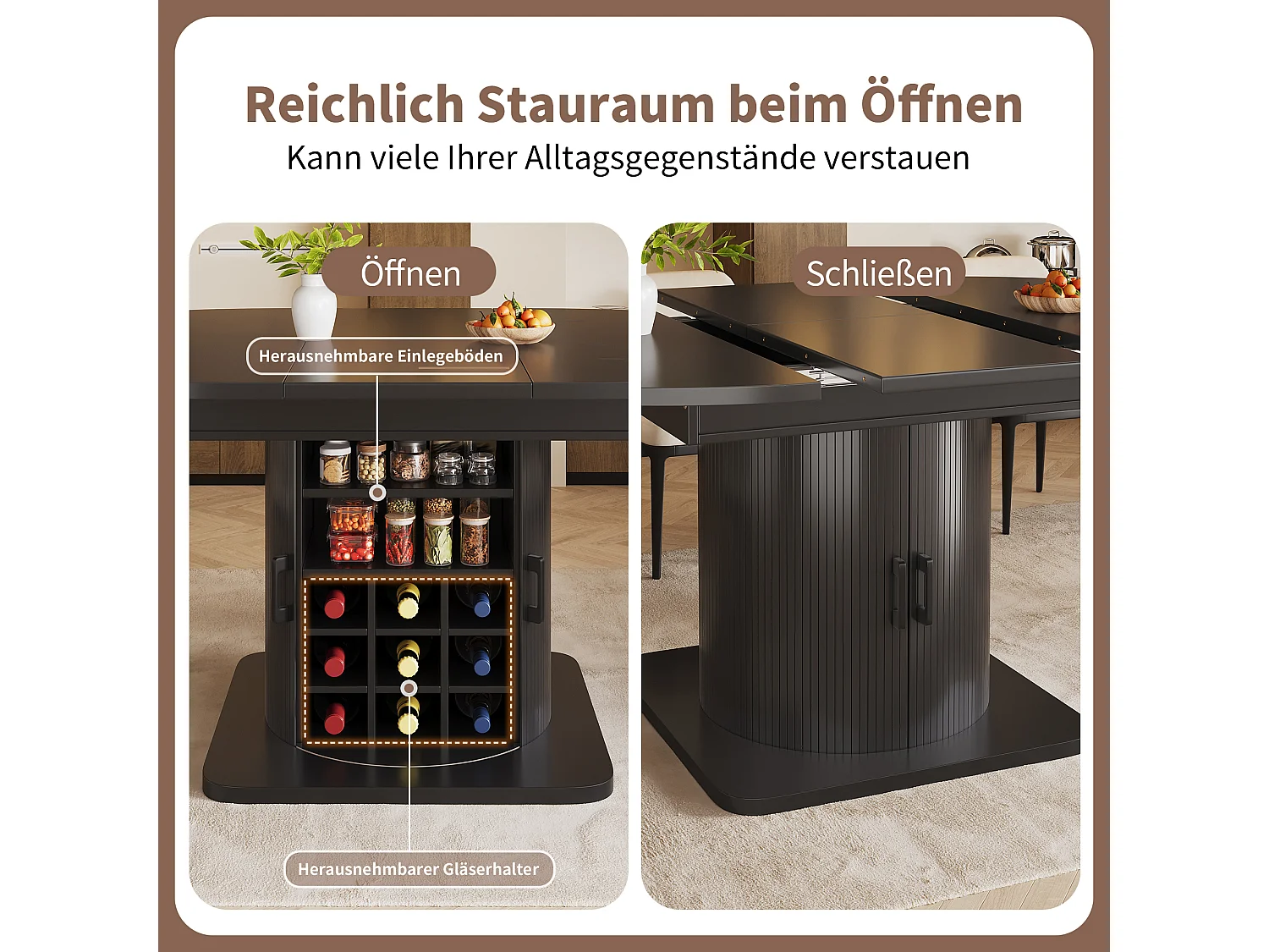 Ausziehbarer Esstisch 118–158 cm - mit Stauraum - mit abnehmbaren Regalen - Schwarz