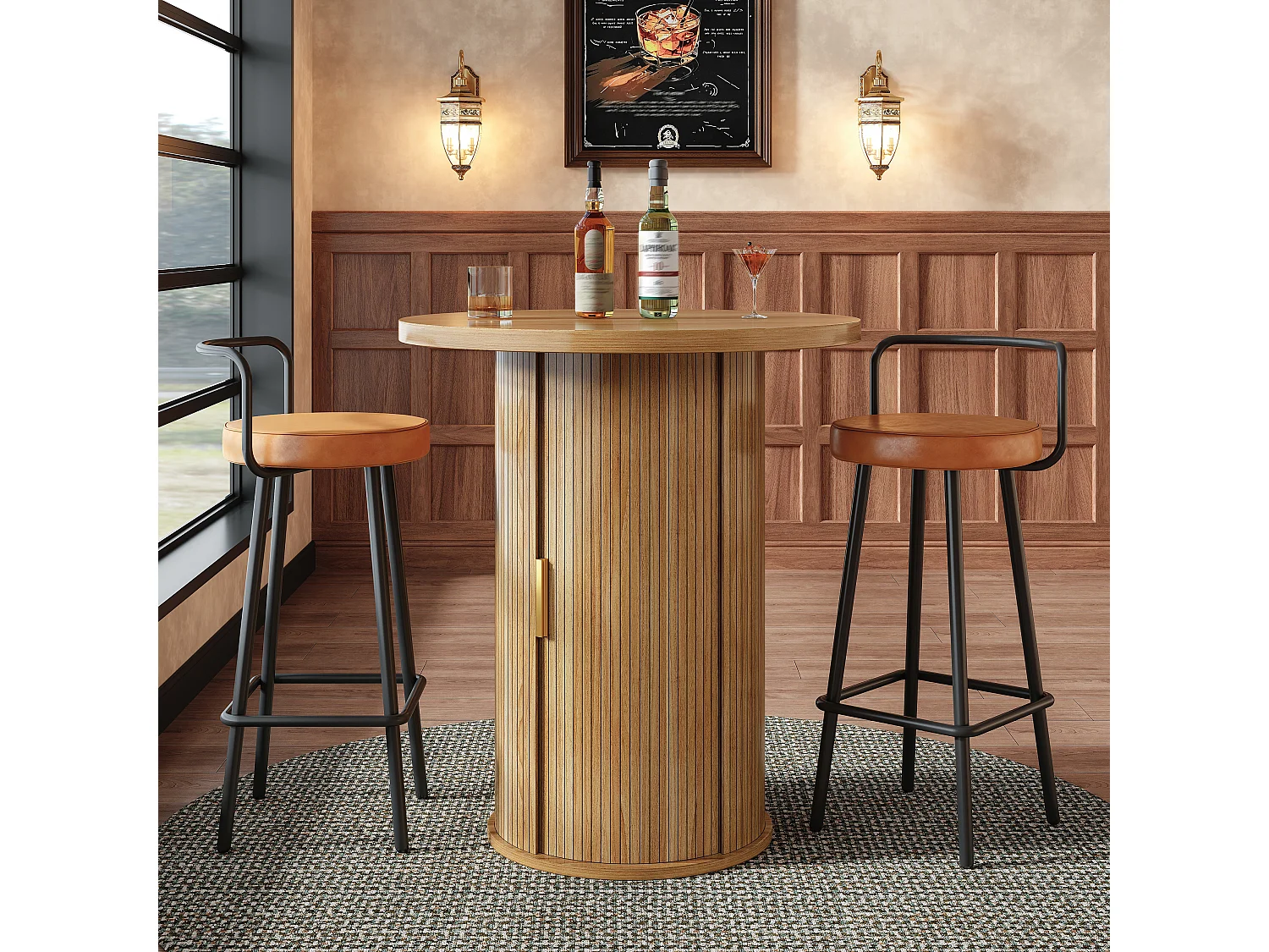 Table de Bar Ronde 60x60x91.6cm - avec porte coulissante et 4 étagères - Naturel