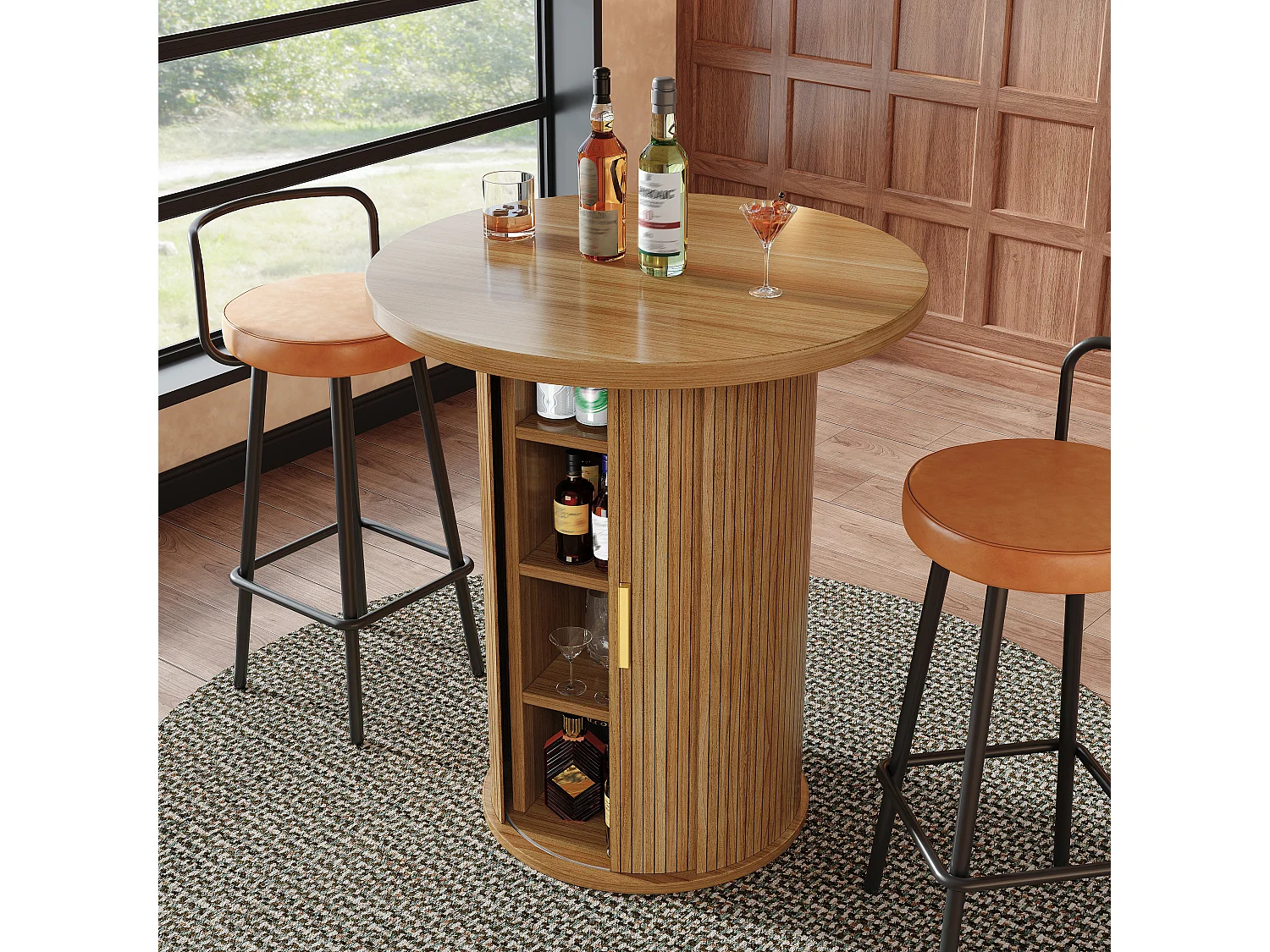 Table de Bar Ronde 60x60x91.6cm - avec porte coulissante et 4 étagères - Naturel