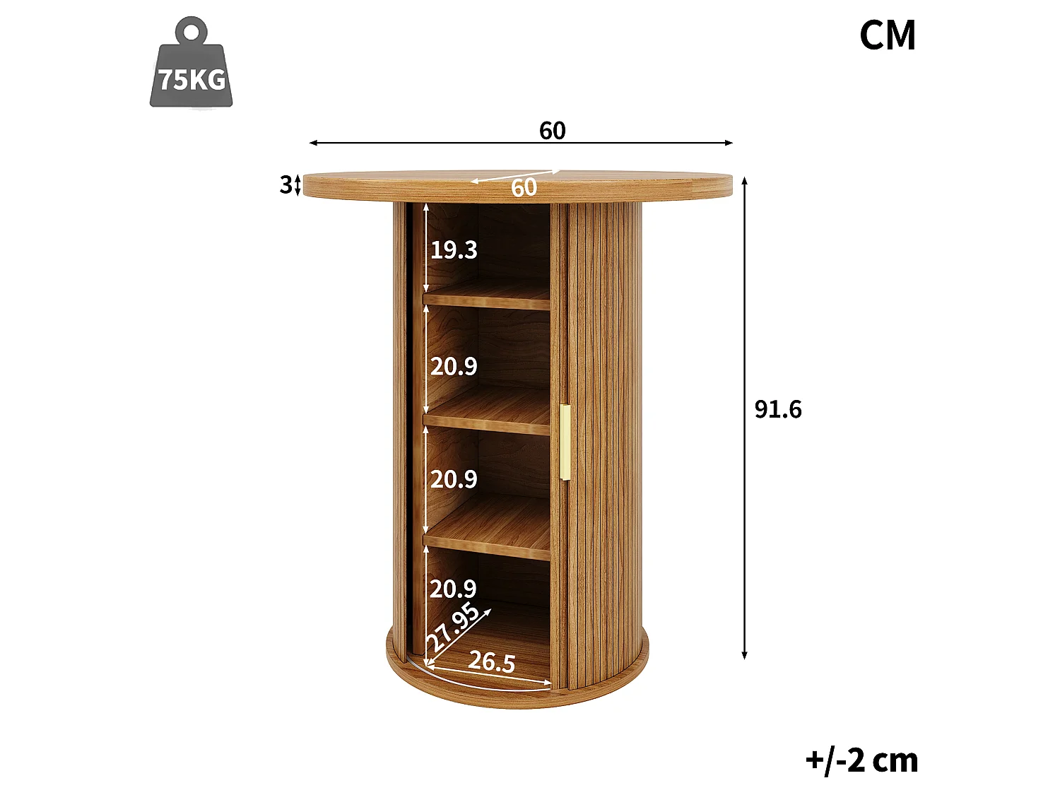 Table de Bar Ronde 60x60x91.6cm - avec porte coulissante et 4 étagères - Naturel