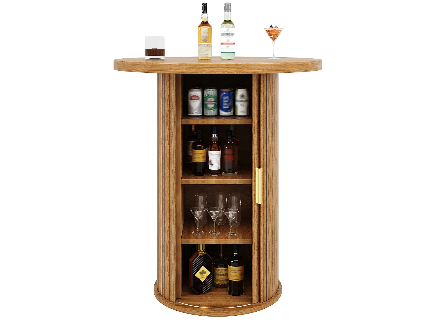 Table de Bar Ronde 60x60x91.6cm - avec porte coulissante et 4 étagères - Naturel