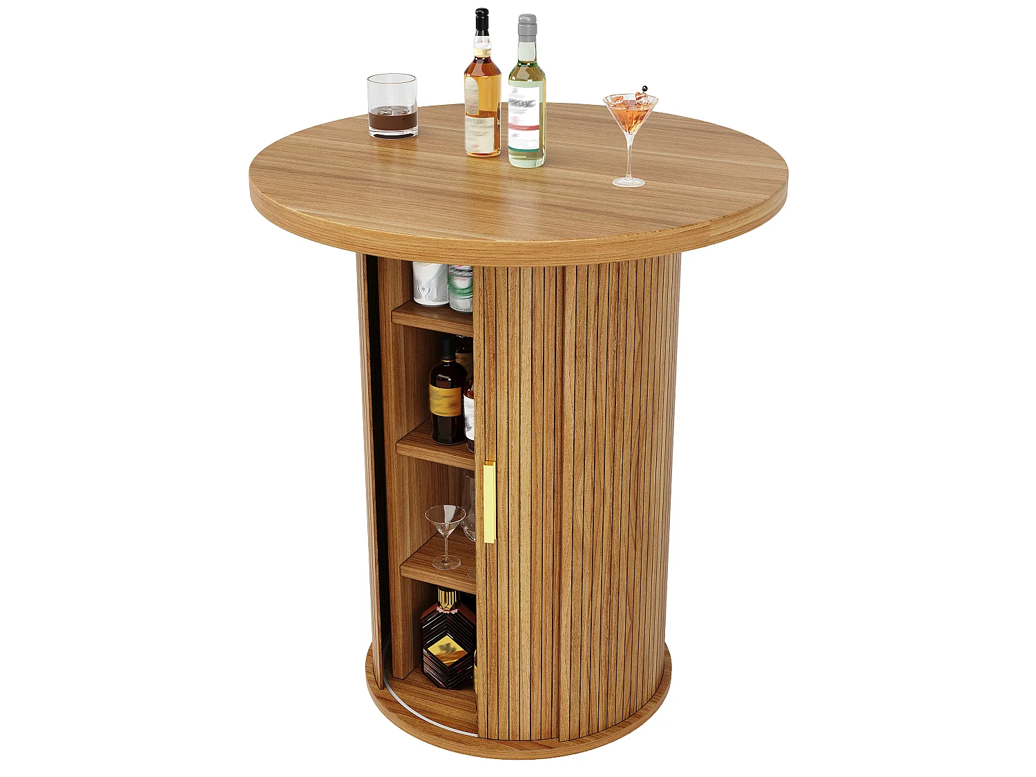 Table de Bar Ronde 60x60x91.6cm - avec porte coulissante et 4 étagères - Naturel