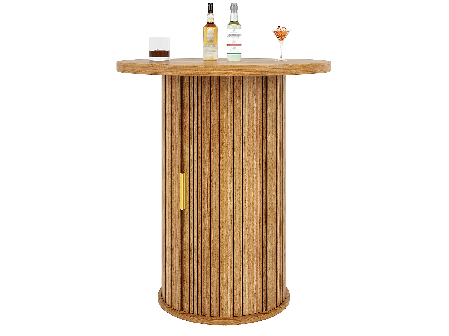 Table de Bar Ronde 60x60x91.6cm - avec porte coulissante et 4 étagères - Naturel