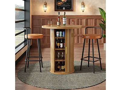 Round Bar Table 60x60x91.6 cm - with sliding door and 4 shelves - Natural