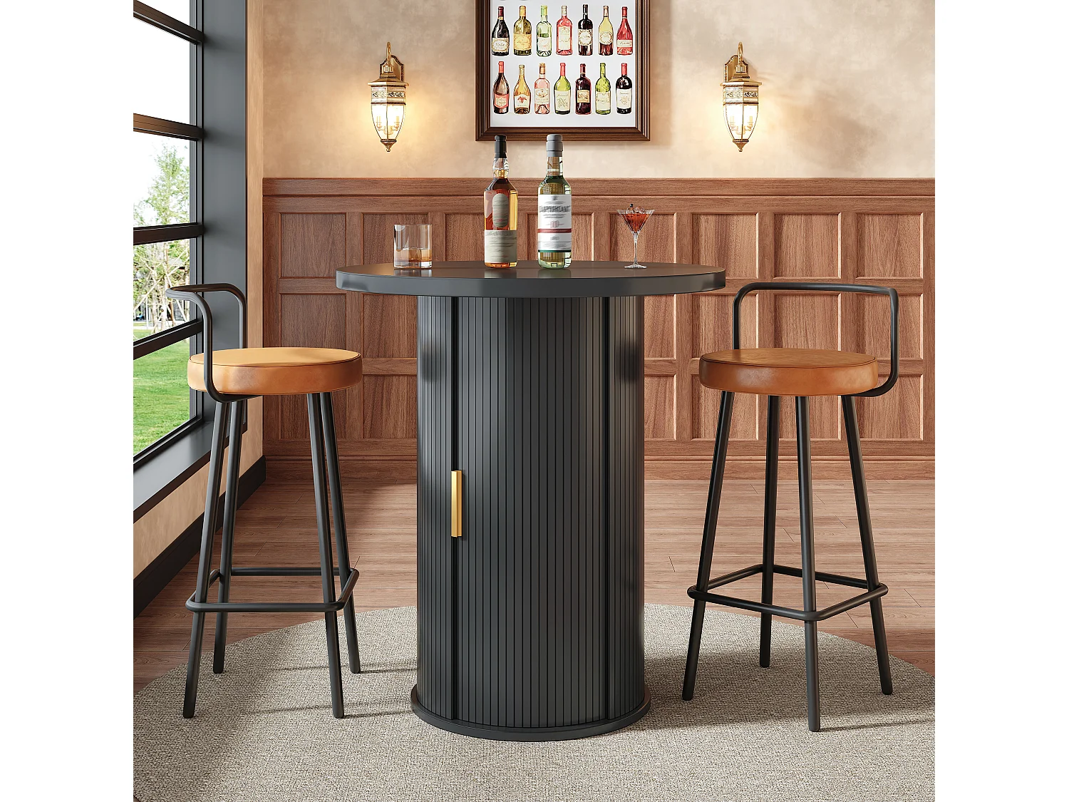 Table de Bar Ronde 60x60x91.6cm - avec porte coulissante et 4 étagères - Noir