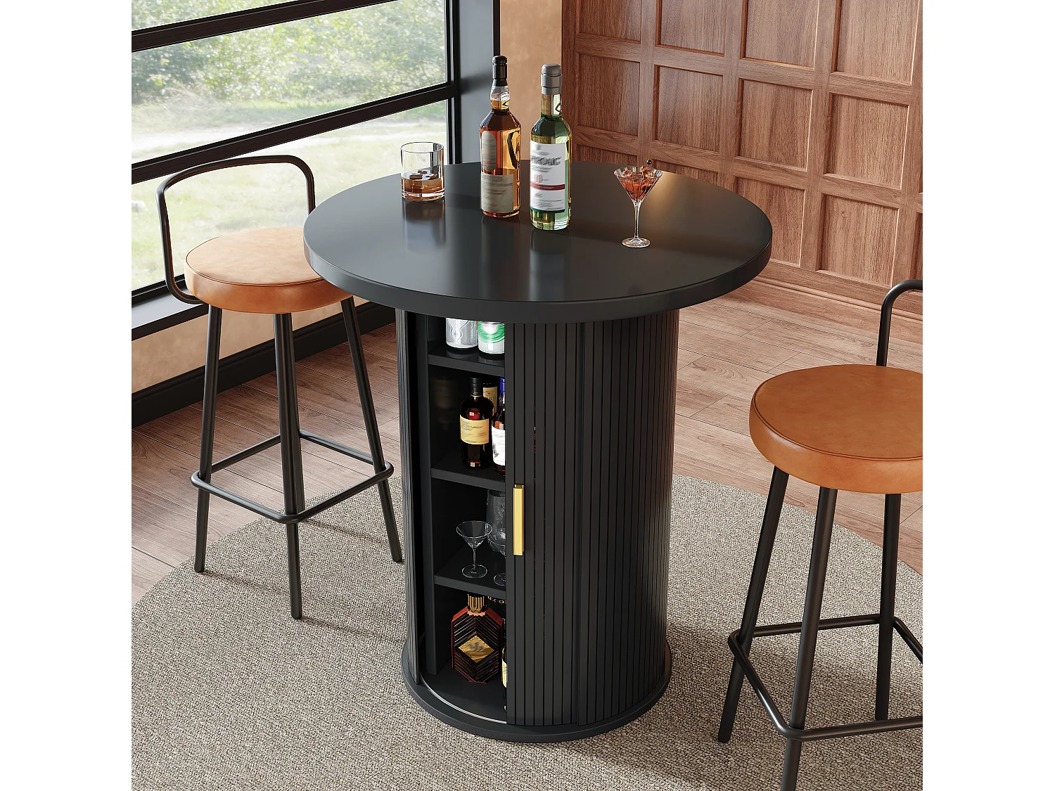 Table de Bar Ronde 60x60x91.6cm - avec porte coulissante et 4 étagères - Noir