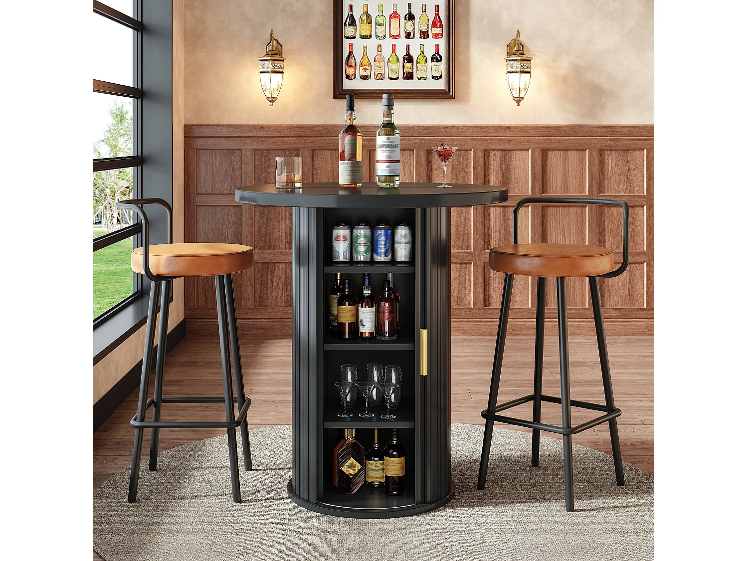 Table de Bar Ronde 60x60x91.6cm - avec porte coulissante et 4 étagères - Noir