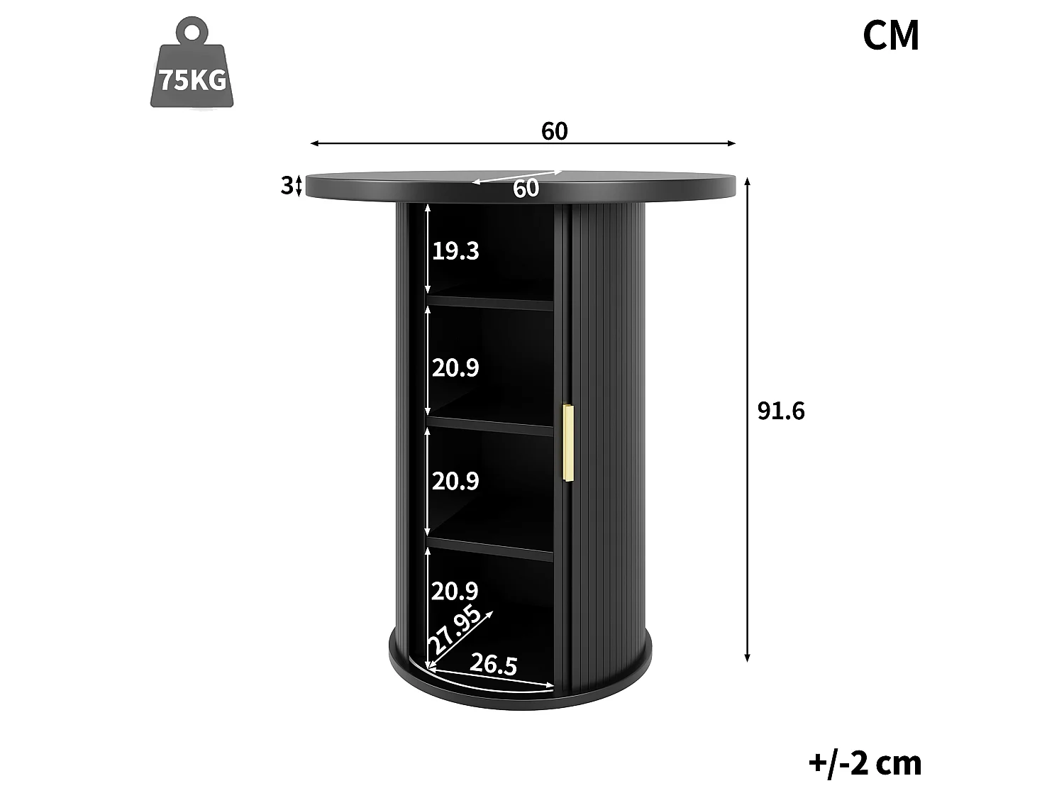 Table de Bar Ronde 60x60x91.6cm - avec porte coulissante et 4 étagères - Noir