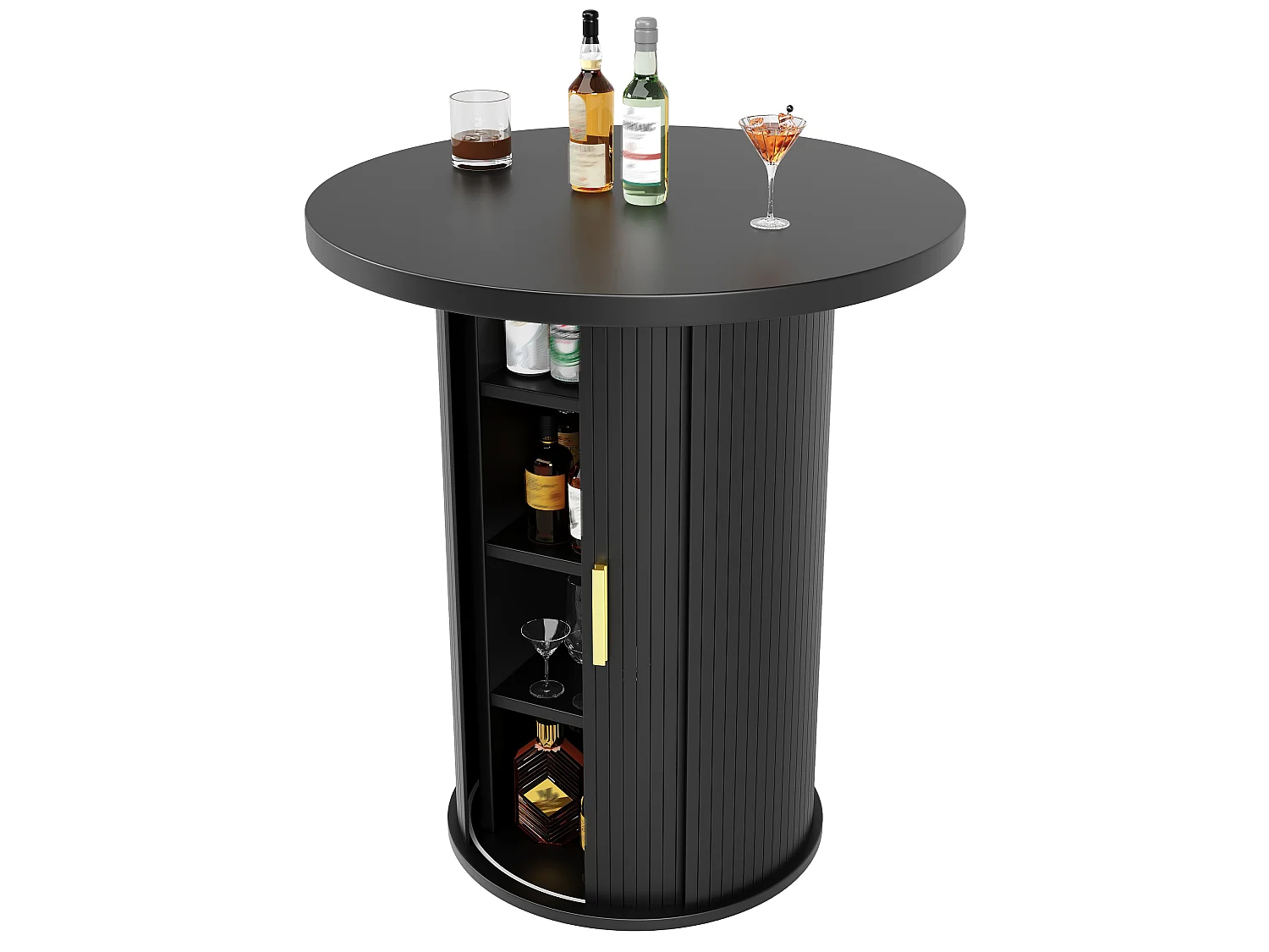 Table de Bar Ronde 60x60x91.6cm - avec porte coulissante et 4 étagères - Noir