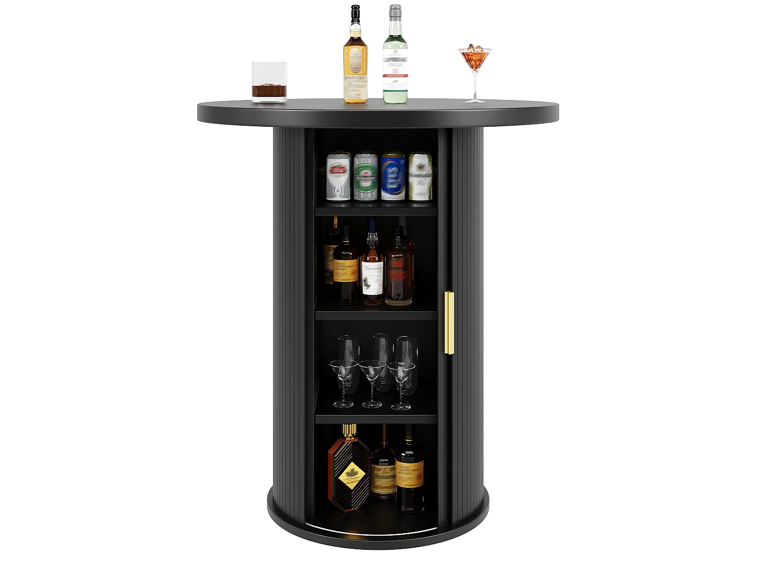 Table de Bar Ronde 60x60x91.6cm - avec porte coulissante et 4 étagères - Noir