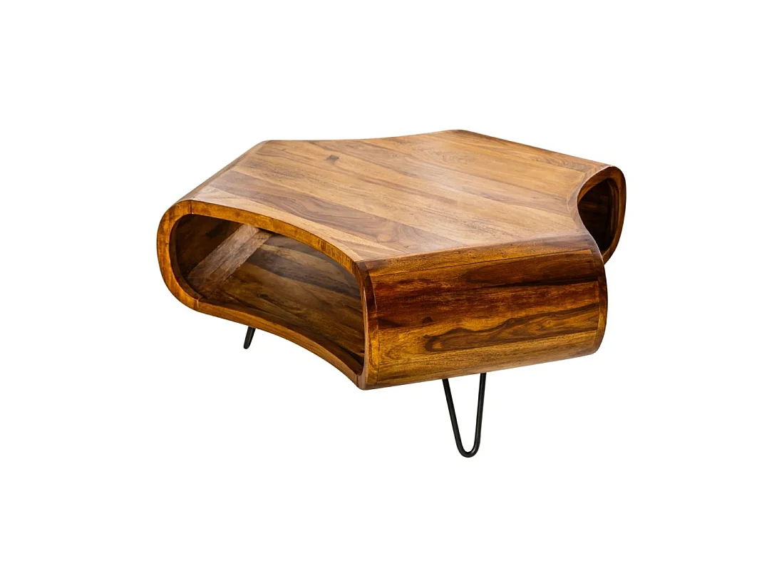 Couchtisch NERA 90 cm aus massivem Sheeshamholz mit Ablage und schwarzen Metallbeinen – Retro-Industriestil