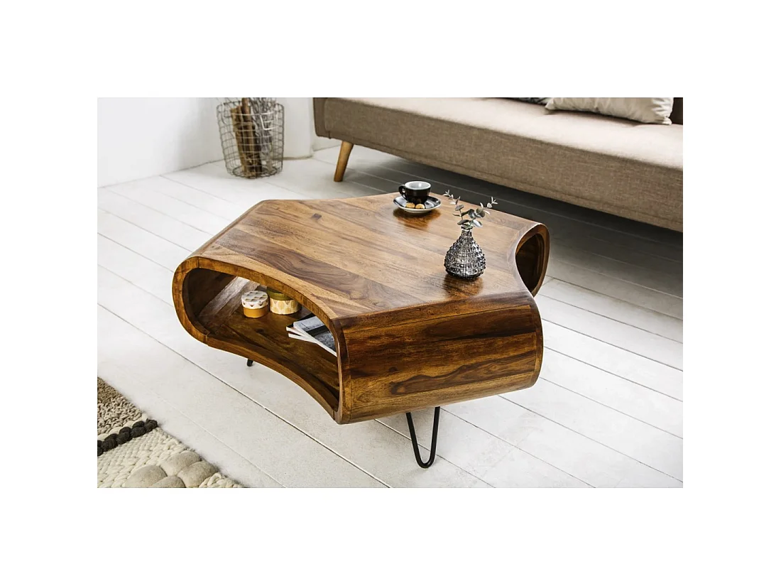 Couchtisch NERA 90 cm aus massivem Sheeshamholz mit Ablage und schwarzen Metallbeinen – Retro-Industriestil