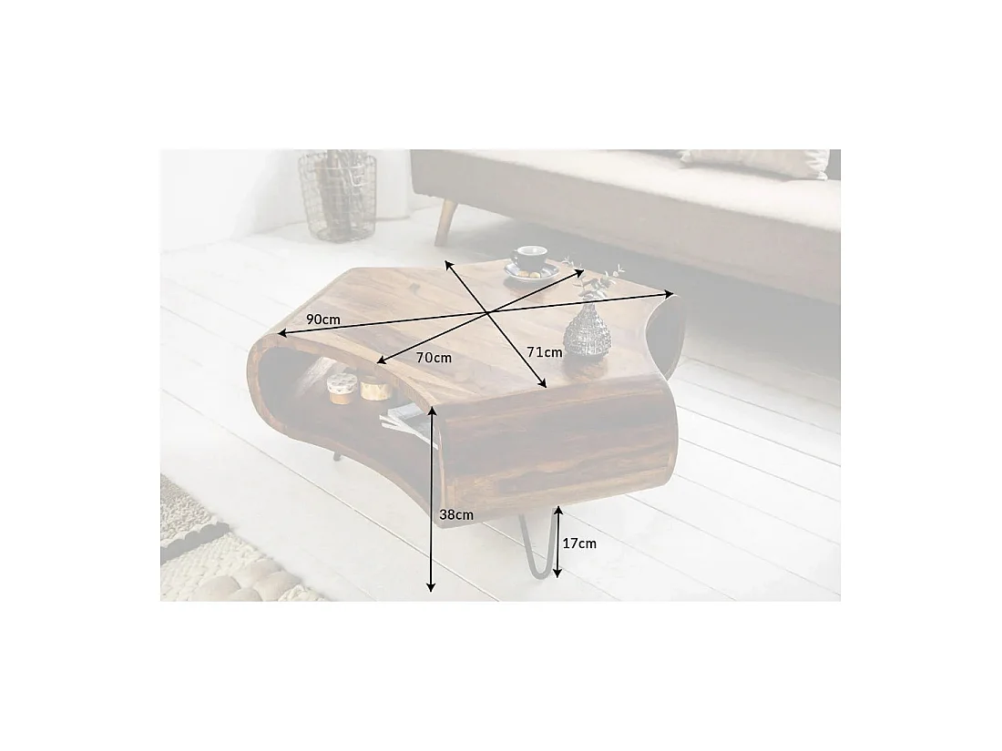 Couchtisch NERA 90 cm aus massivem Sheeshamholz mit Ablage und schwarzen Metallbeinen – Retro-Industriestil