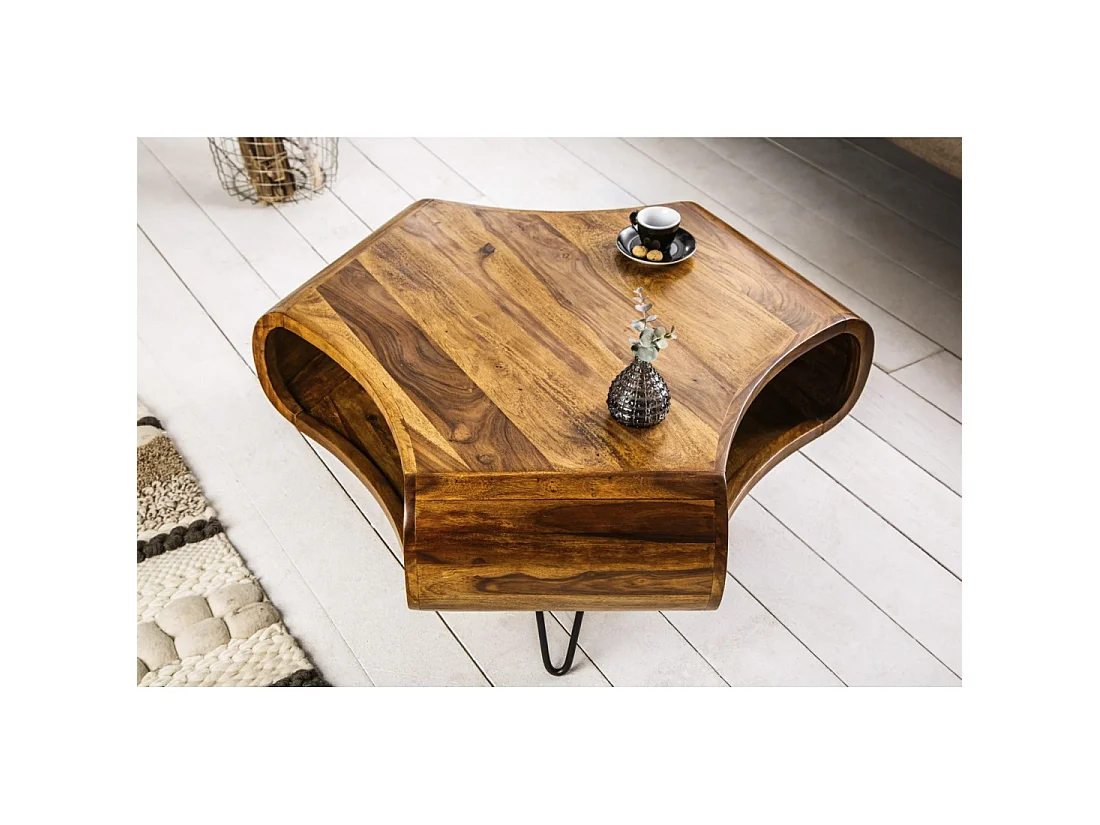 Couchtisch NERA 90 cm aus massivem Sheeshamholz mit Ablage und schwarzen Metallbeinen – Retro-Industriestil