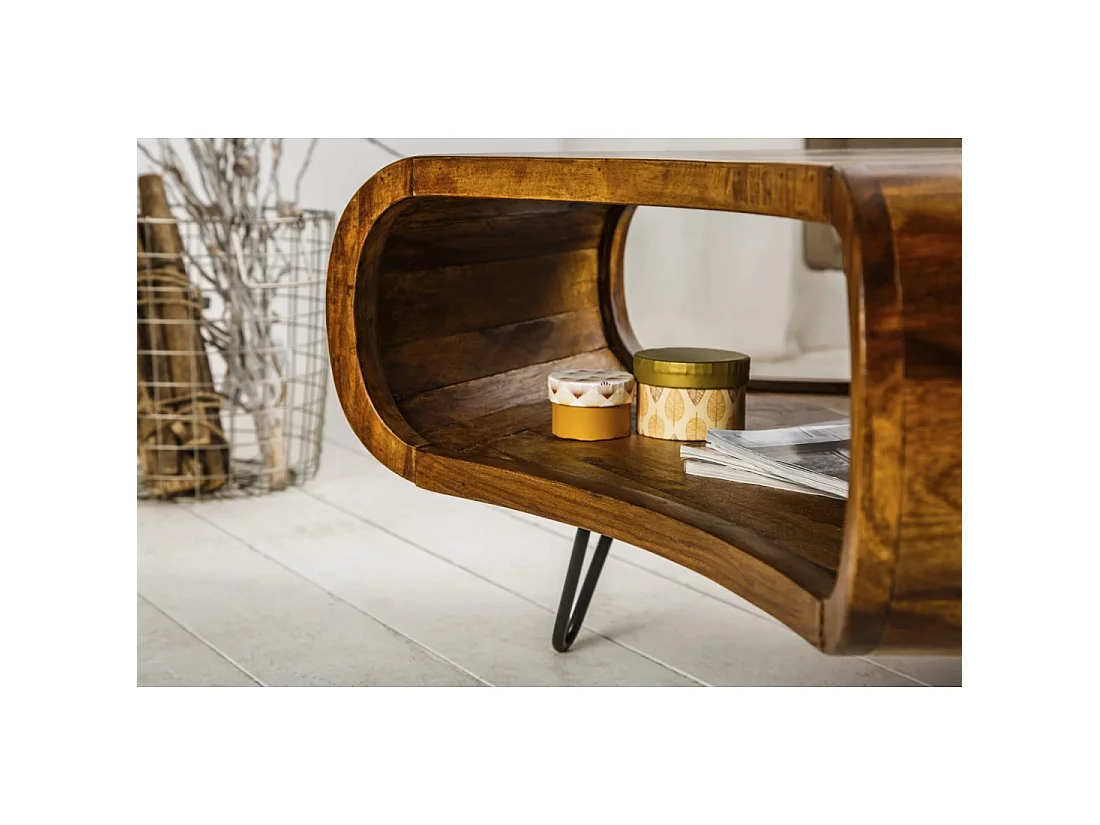 Couchtisch NERA 90 cm aus massivem Sheeshamholz mit Ablage und schwarzen Metallbeinen – Retro-Industriestil
