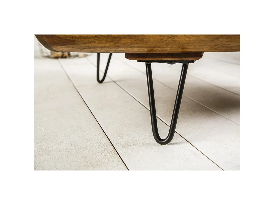Couchtisch NERA 90 cm aus massivem Sheeshamholz mit Ablage und schwarzen Metallbeinen – Retro-Industriestil