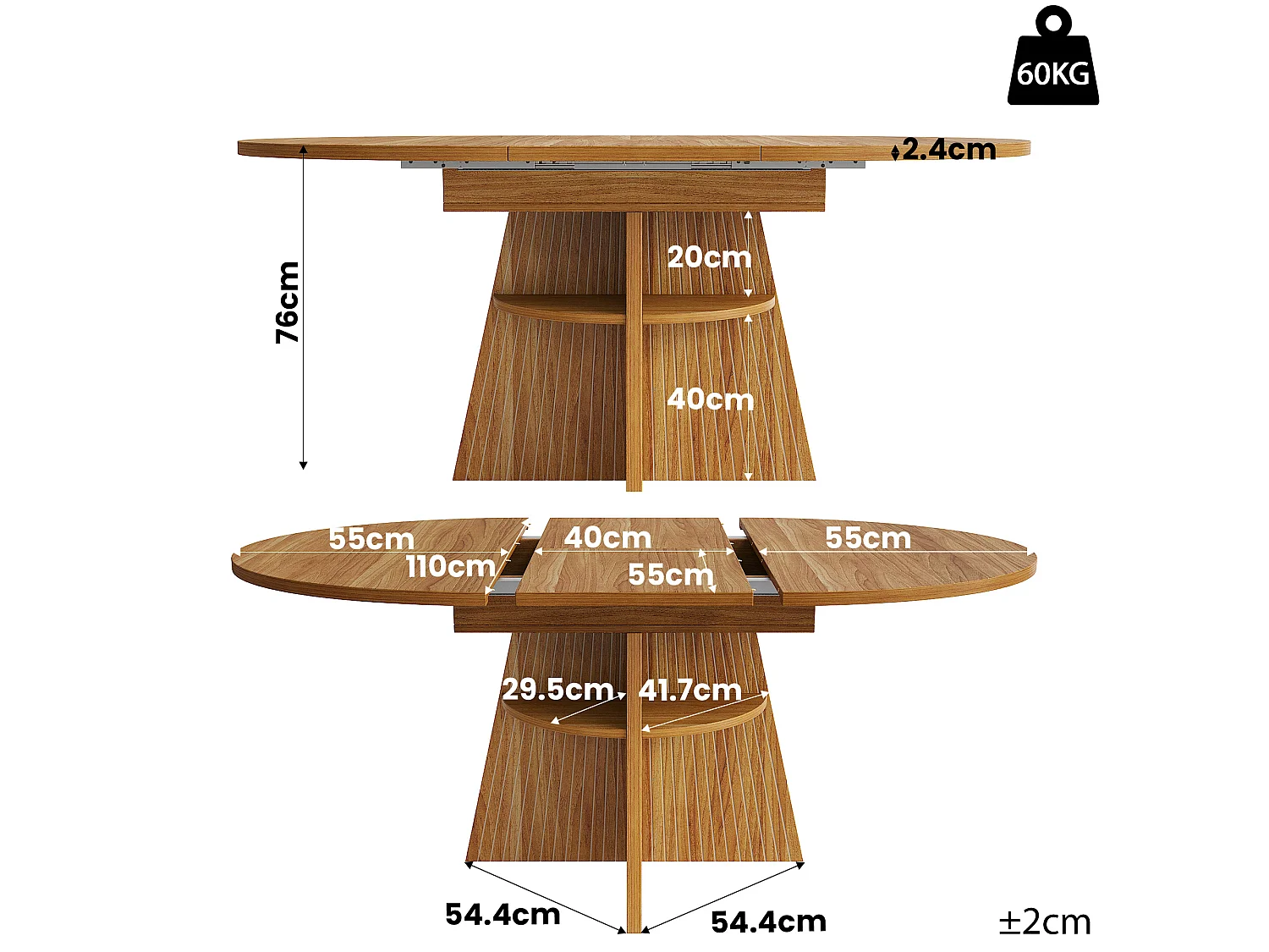 Runder ausziehbarer Esstisch oval 110-150 cm - offener Stauraum - verdickte Tischplatte - Braun