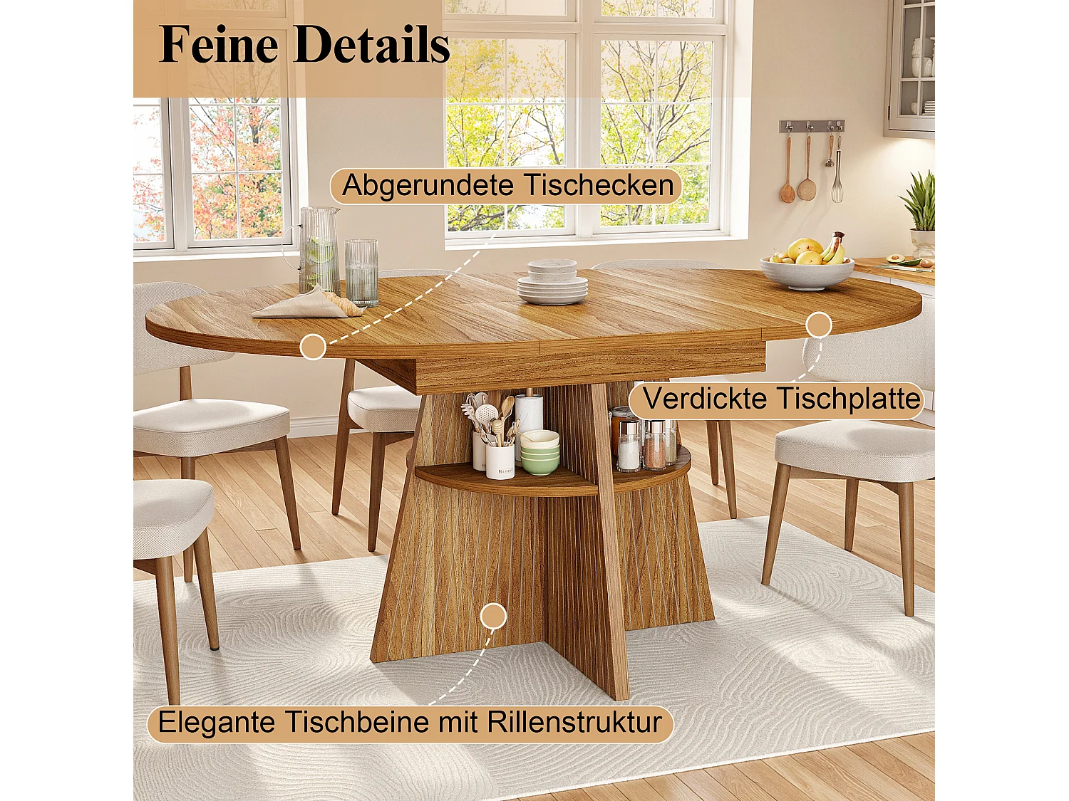 Runder ausziehbarer Esstisch oval 110-150 cm - offener Stauraum - verdickte Tischplatte - Braun