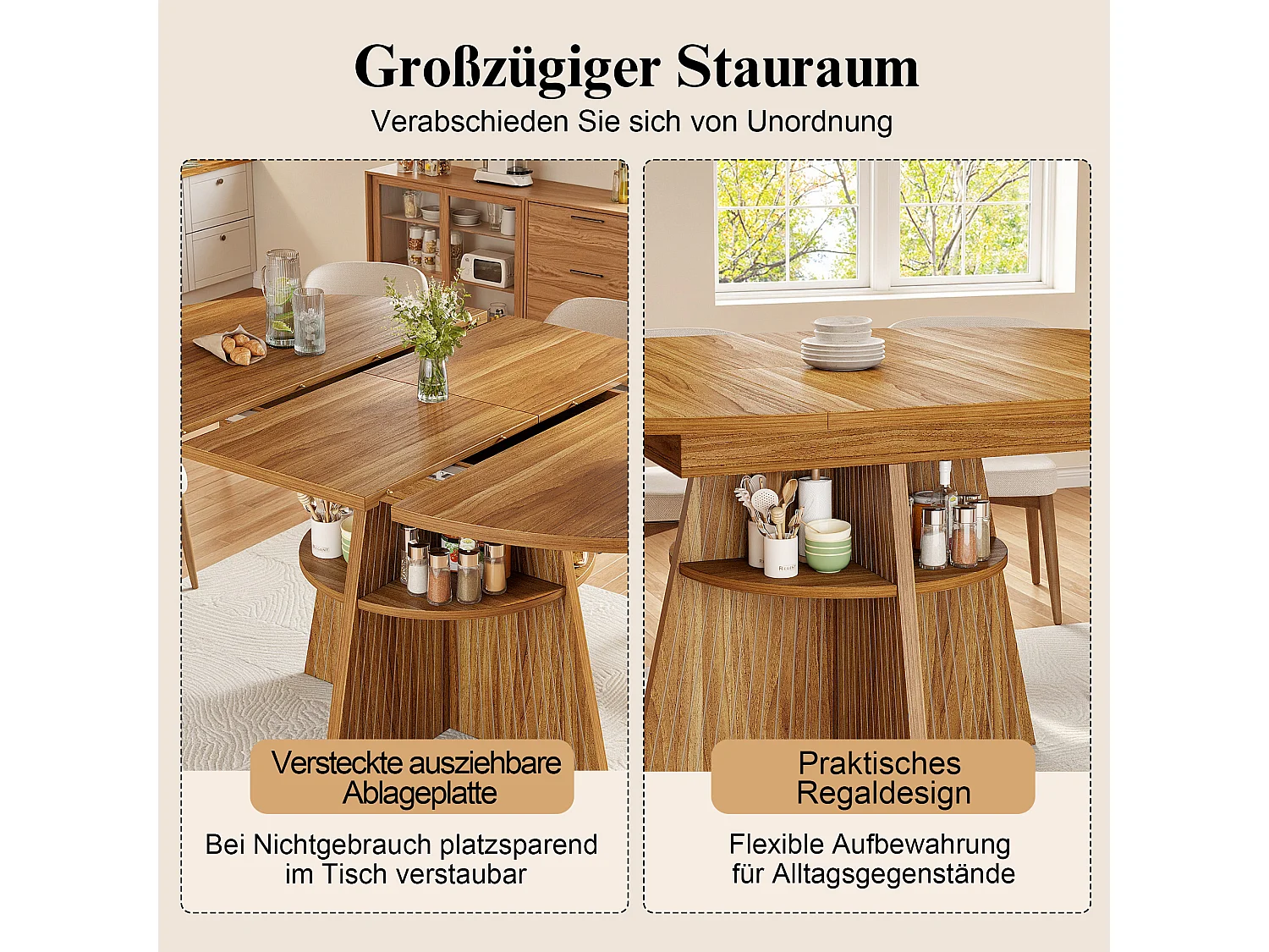 Runder ausziehbarer Esstisch oval 110-150 cm - offener Stauraum - verdickte Tischplatte - Braun